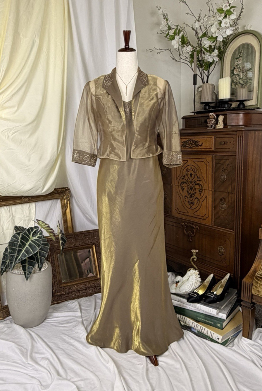 VTG 90s Alex Evenings Liquid Metallic Gold Slip Dress Gown Maxi Prom 4 Formal