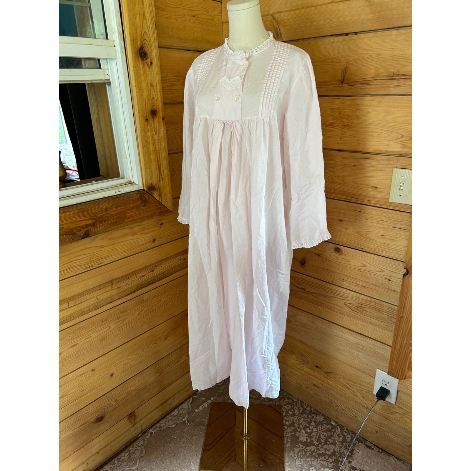 Vintage Cotton Nightgown Women Large Pink Eyelet Lace Heart Nocturne Nighty Retr