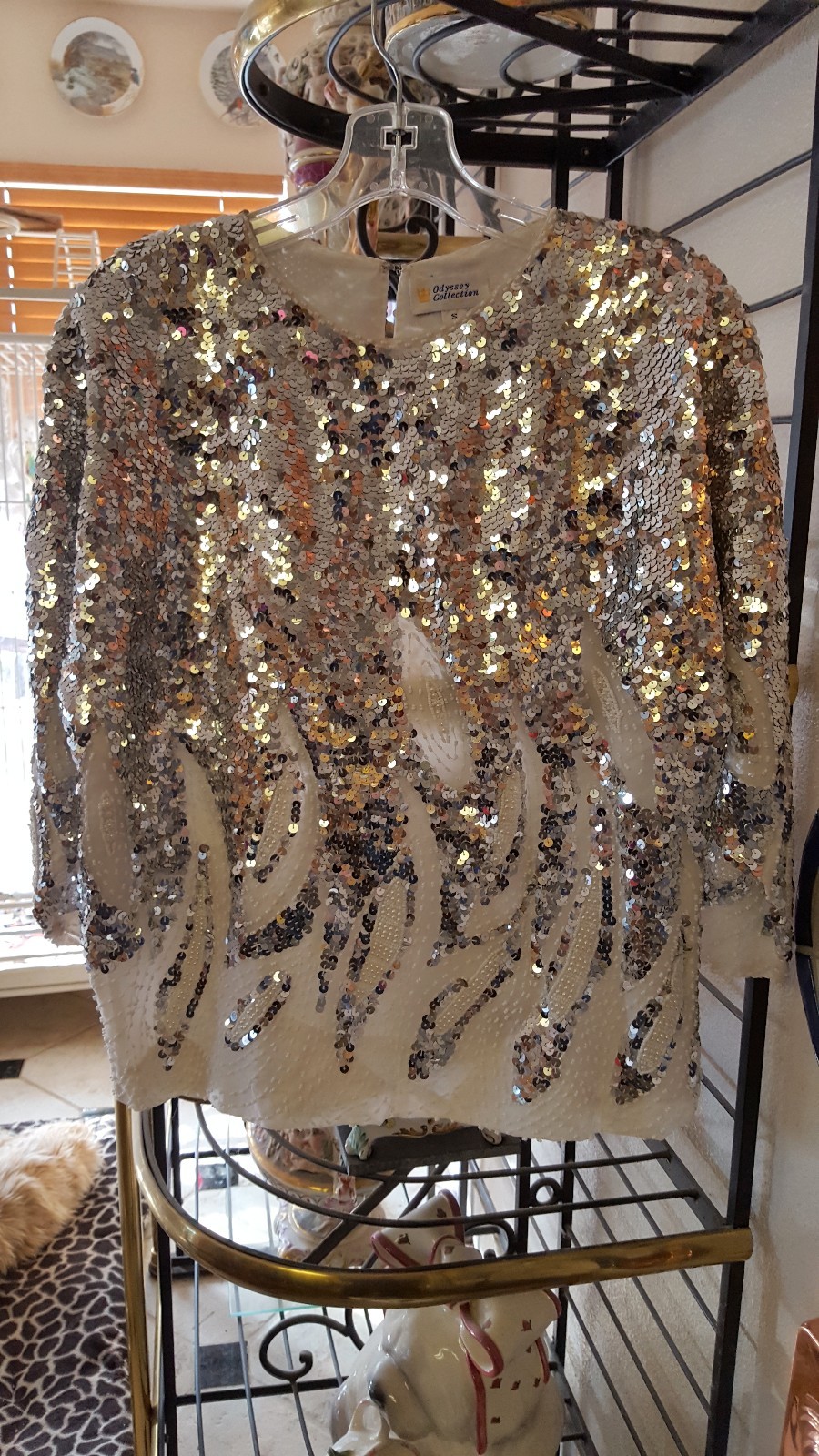 Vintage SILK Sweater Dolman Sleeves TONS SILVER SEQUINS Faux PEARLS S/M BEAUTY!