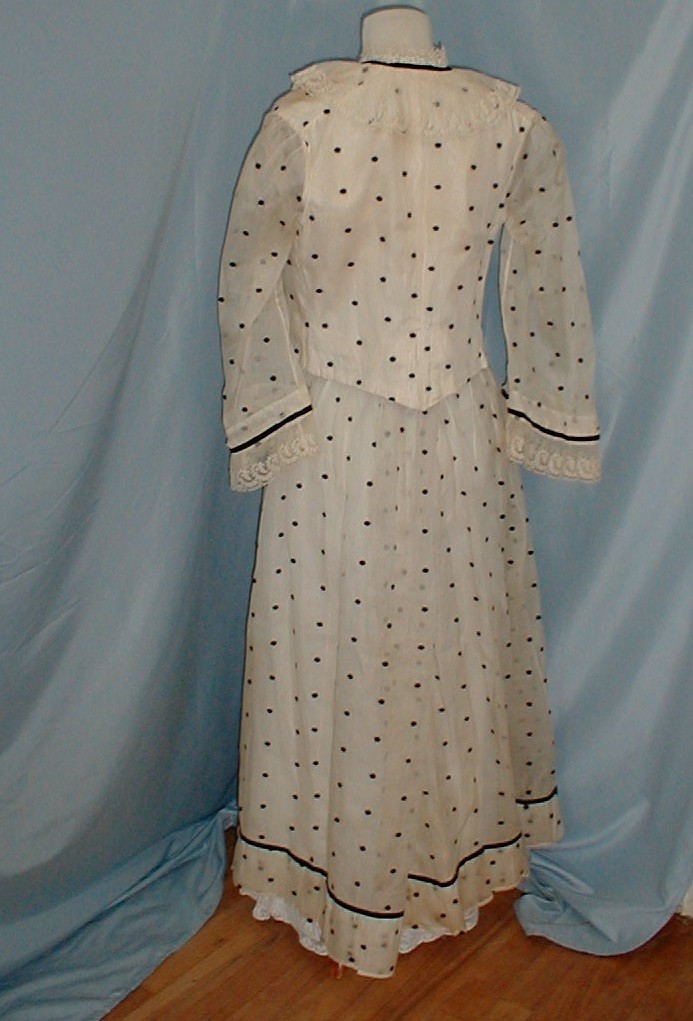 Charming Antique Dress Victorian 1890&rsquo;s White and Black Dot Muslin Lace Trim