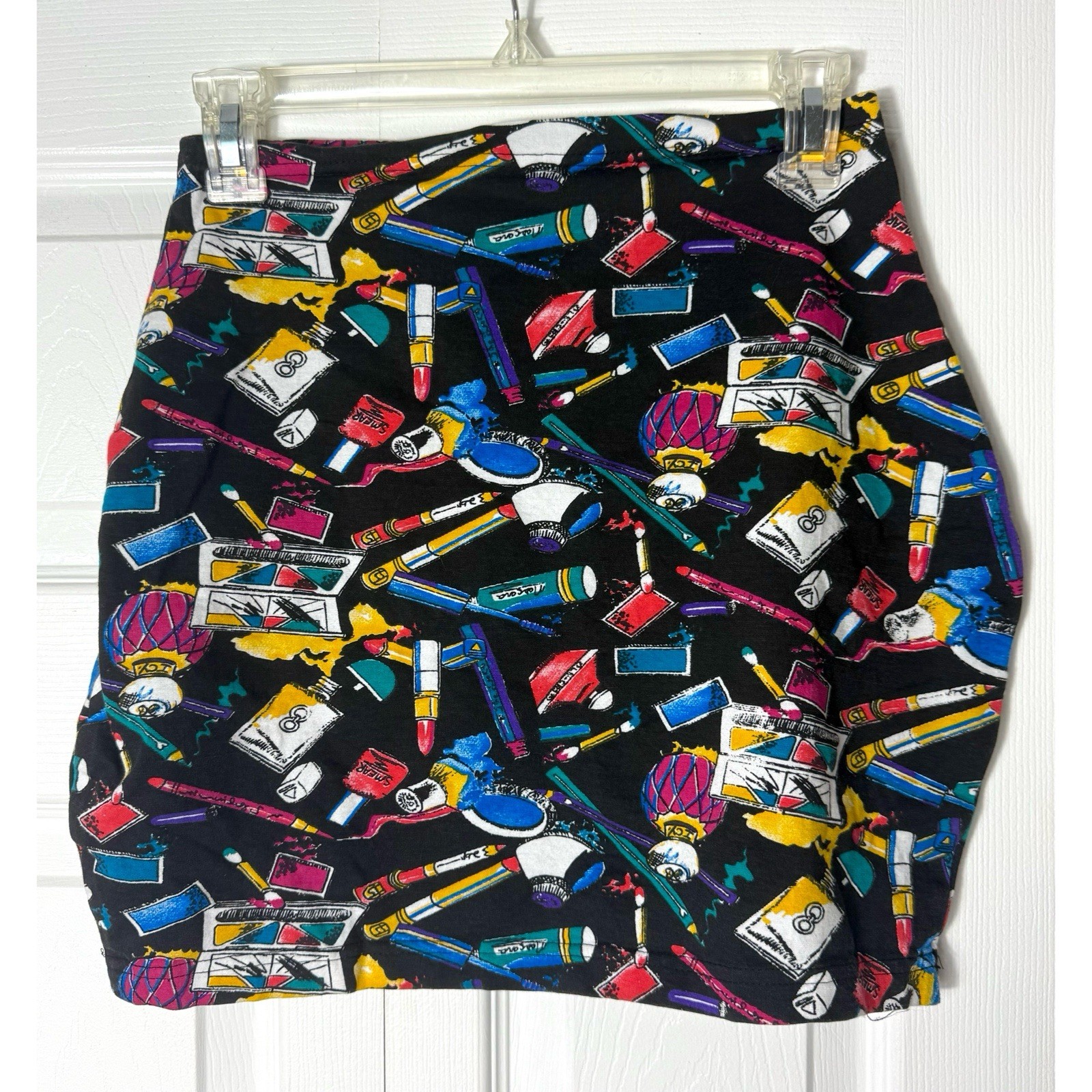 Vintage 80s Equipt Black Makeup Cosmetics Perfume Print Bodycon Mini Skirt Large