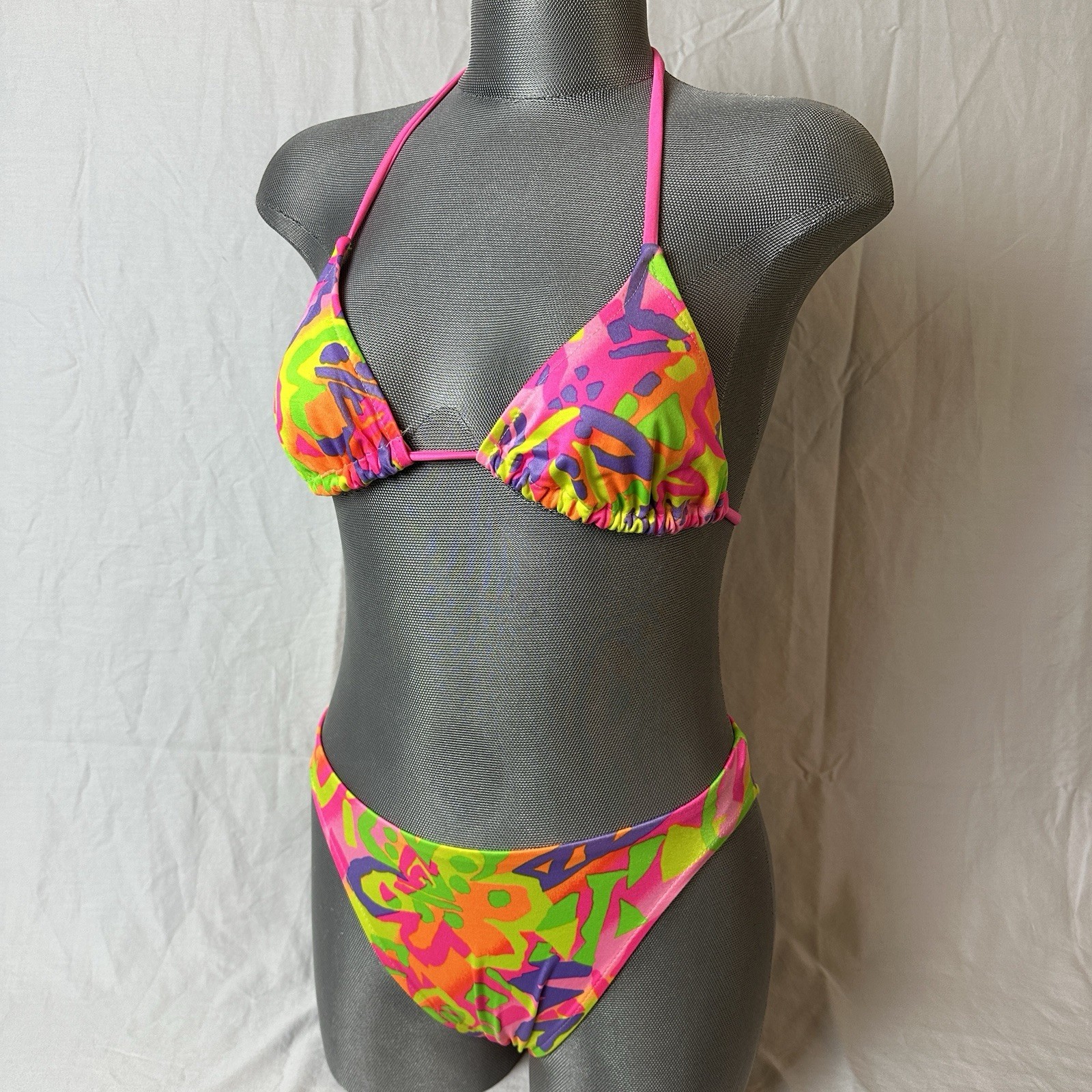 Vtg 90s St Tropez String Bikini Swimsuit Neon Abstract Sz 11/12 Triangle Tie
