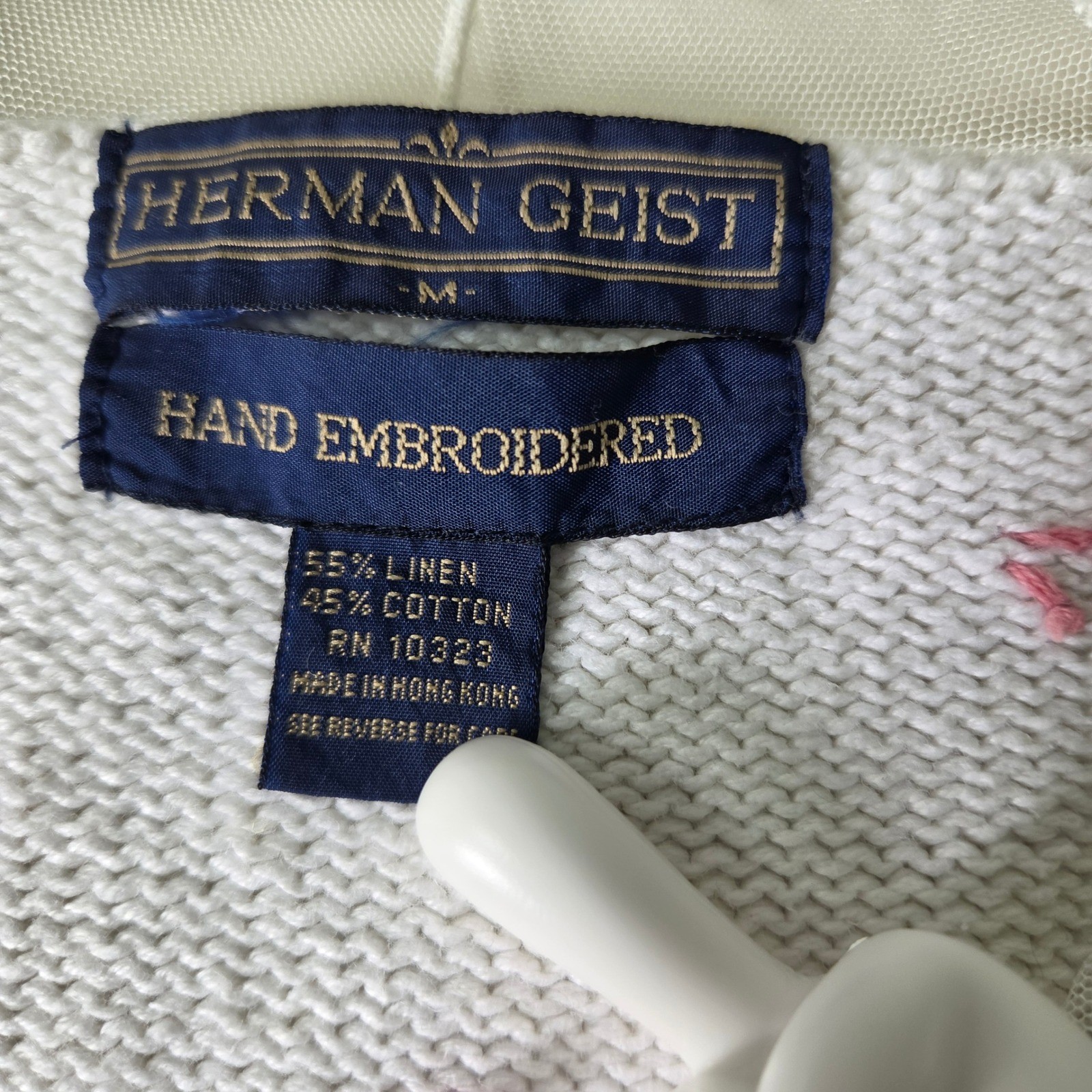 Herman Geist Vintage Hand Embroidered Floral Lace Collar Linen Cotton Sweater M