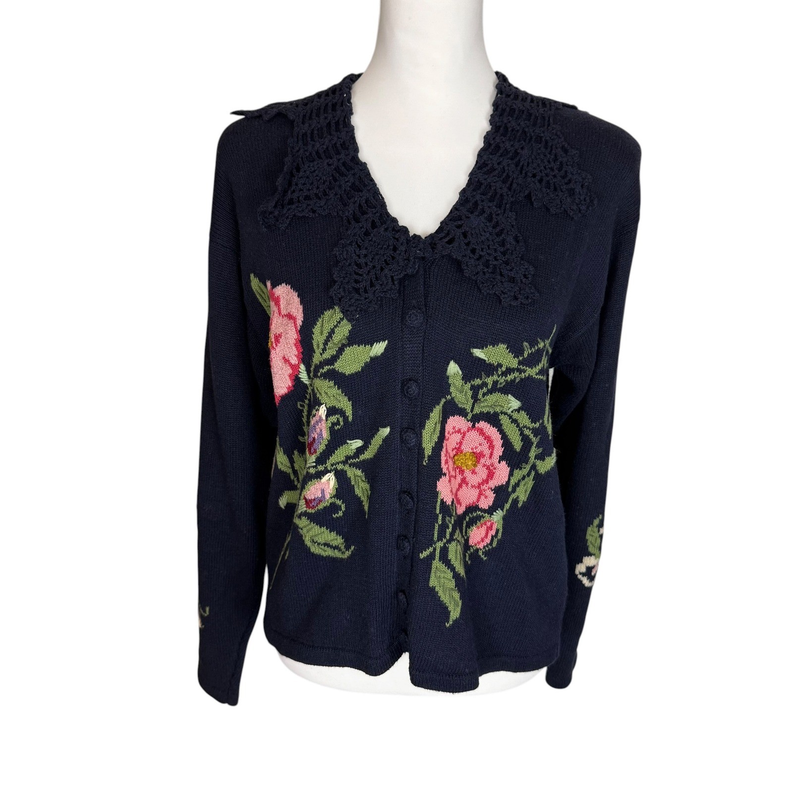 Susan Bristol Vintage 90s Navy Floral Crochet Collar Cardigan Sweater M
