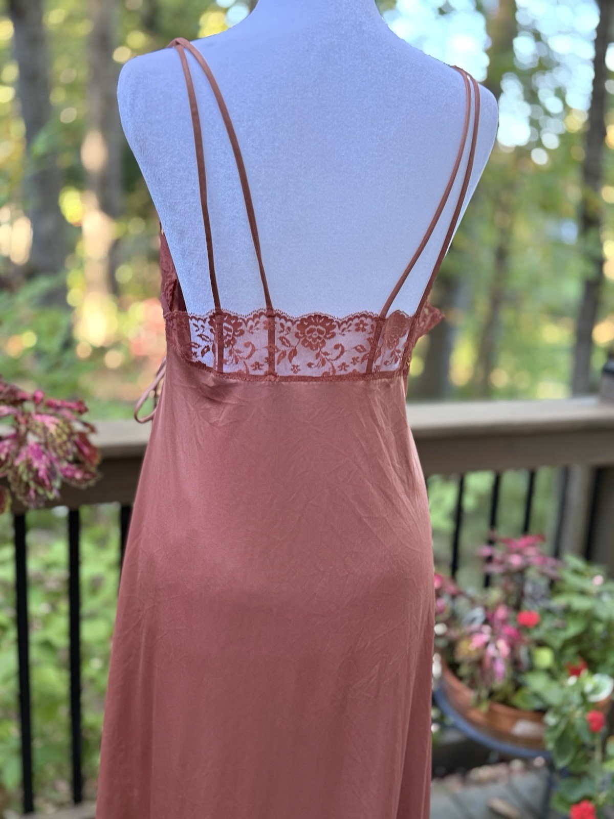 Vtg New Nightgown Long Goddess Pinehurst 70s Inset Lace UNIQUE Copper Brown M 36