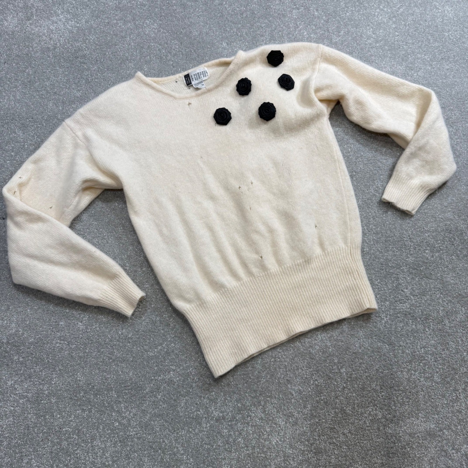 Vintage Angora Lambswool Satin Rosette Sweater Cream Distressed Medium Holes