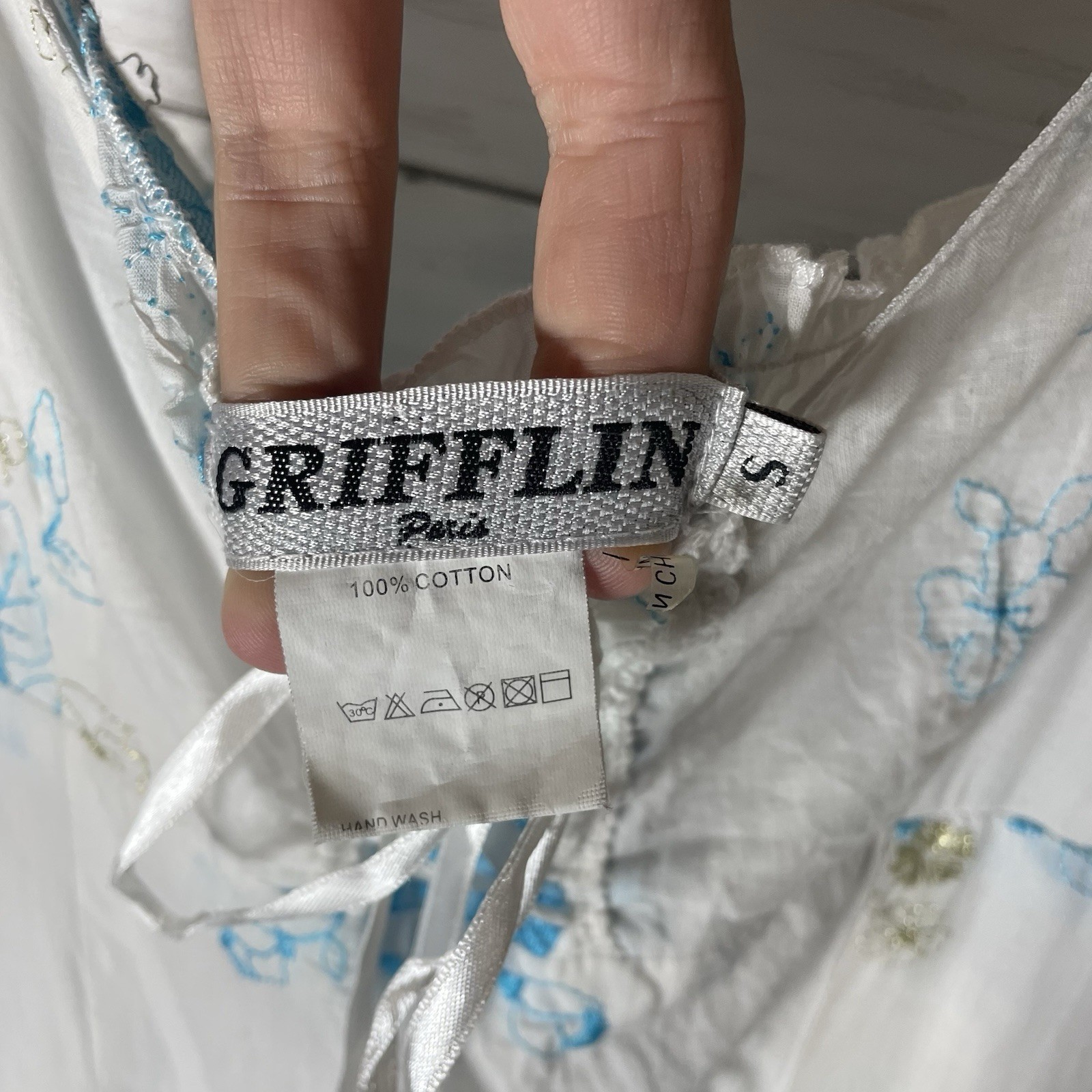 Vintage Griffin Paris Cottagecore Midi Dress Blue Floral Ruffle Hem Lace-Up Bust