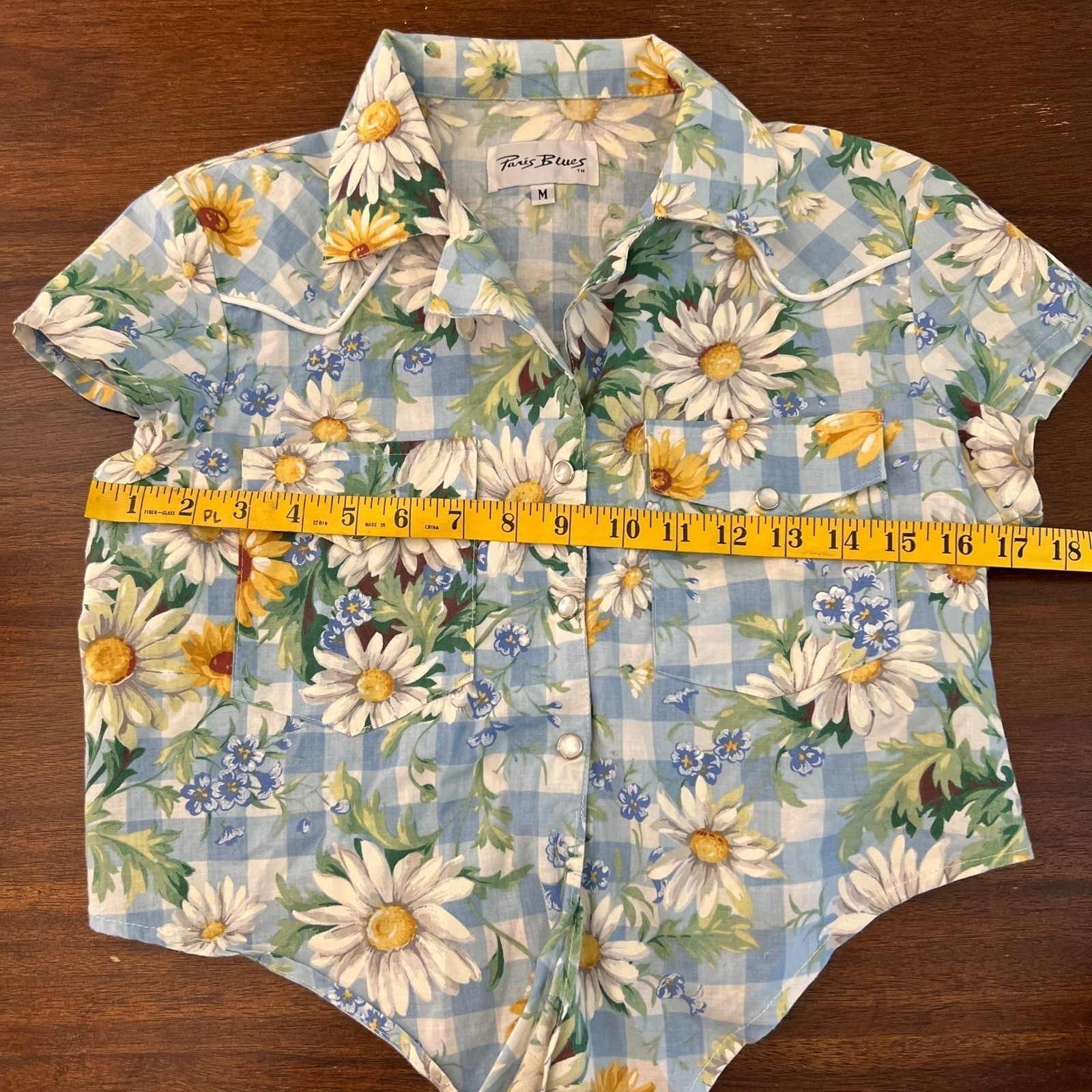 Paris Blues Vintage Western Daisy Gingham Tie Front Crop Shirt Blue White Medium