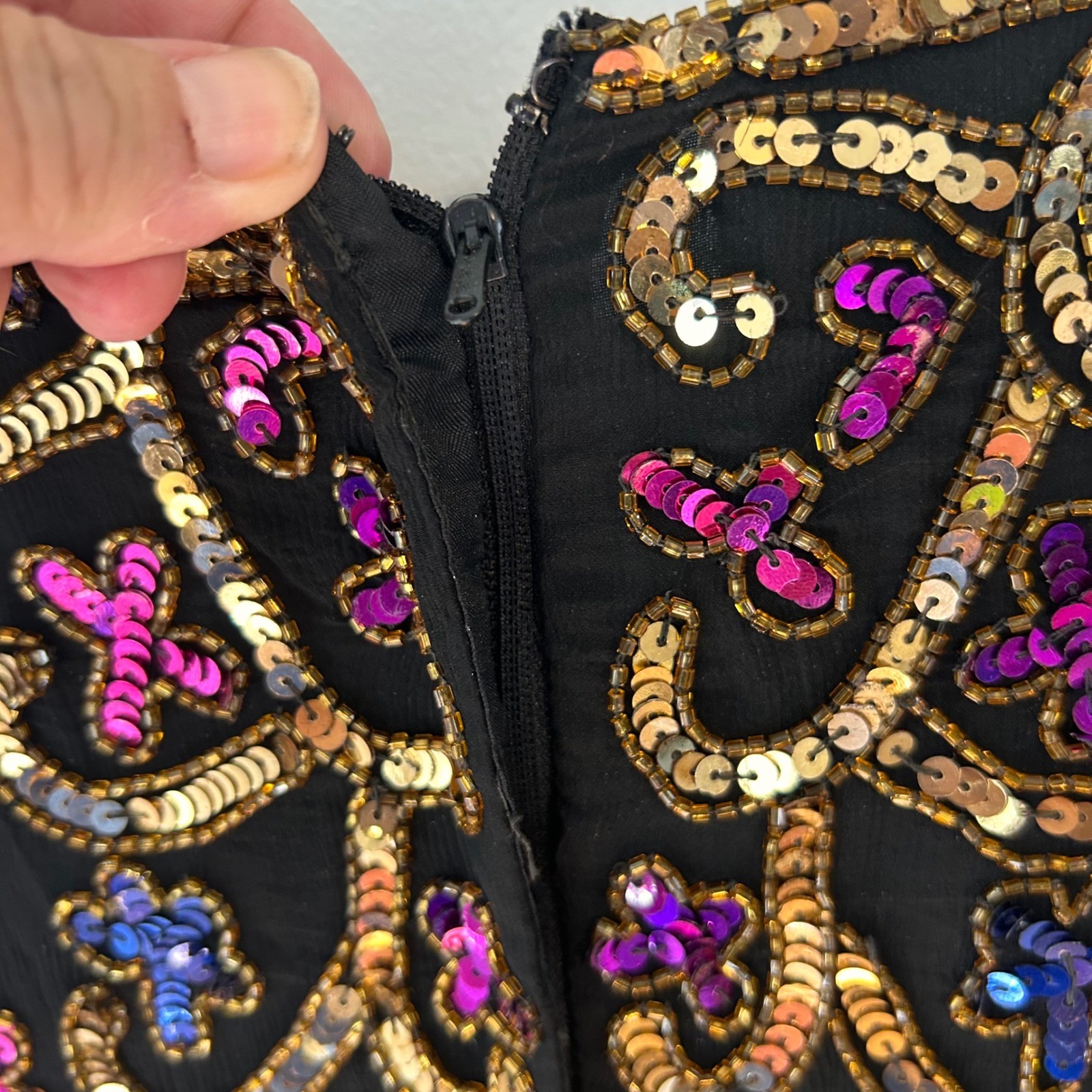 Stenay Vintage Silk Beaded Sequin Top Black Gold Pink Blue Floral Evening M
