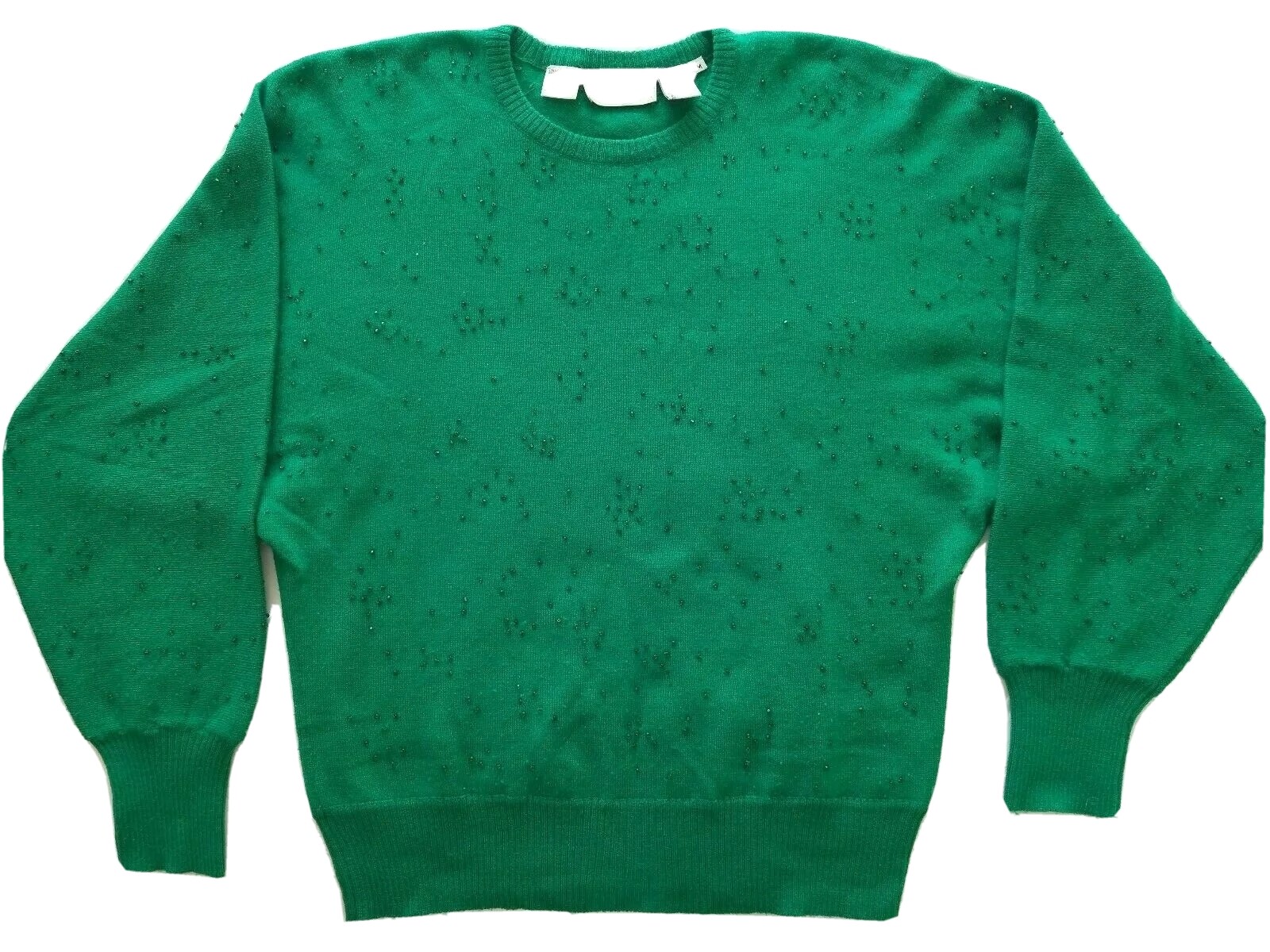 Ann Tjian Kenar Sweater Batwing 100% Lambswool Shamrock Green Hand Beaded Medium