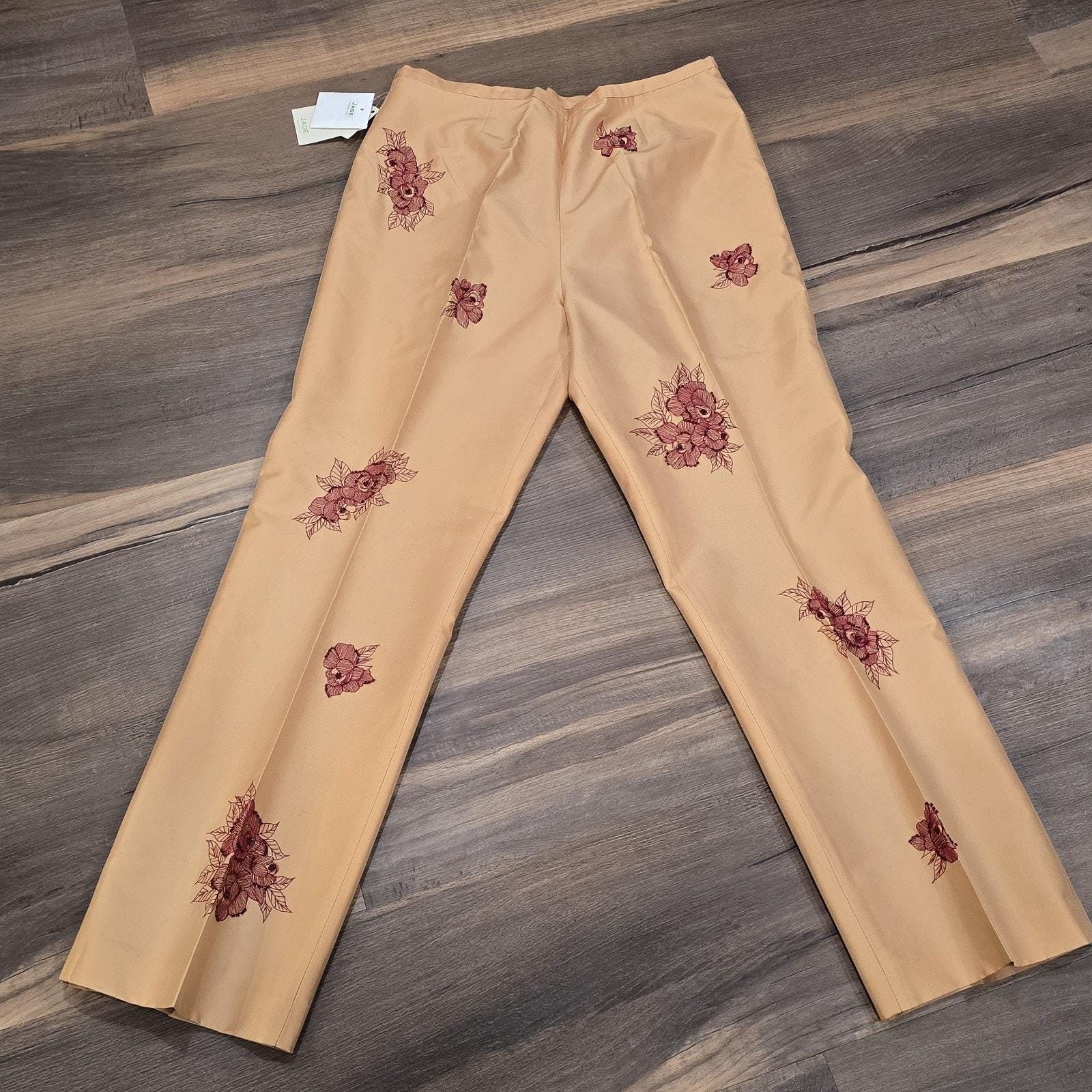Maroon Red Tan Floral Beaded Embroidered Silky Vintage Pants Jade Melody Tam 10