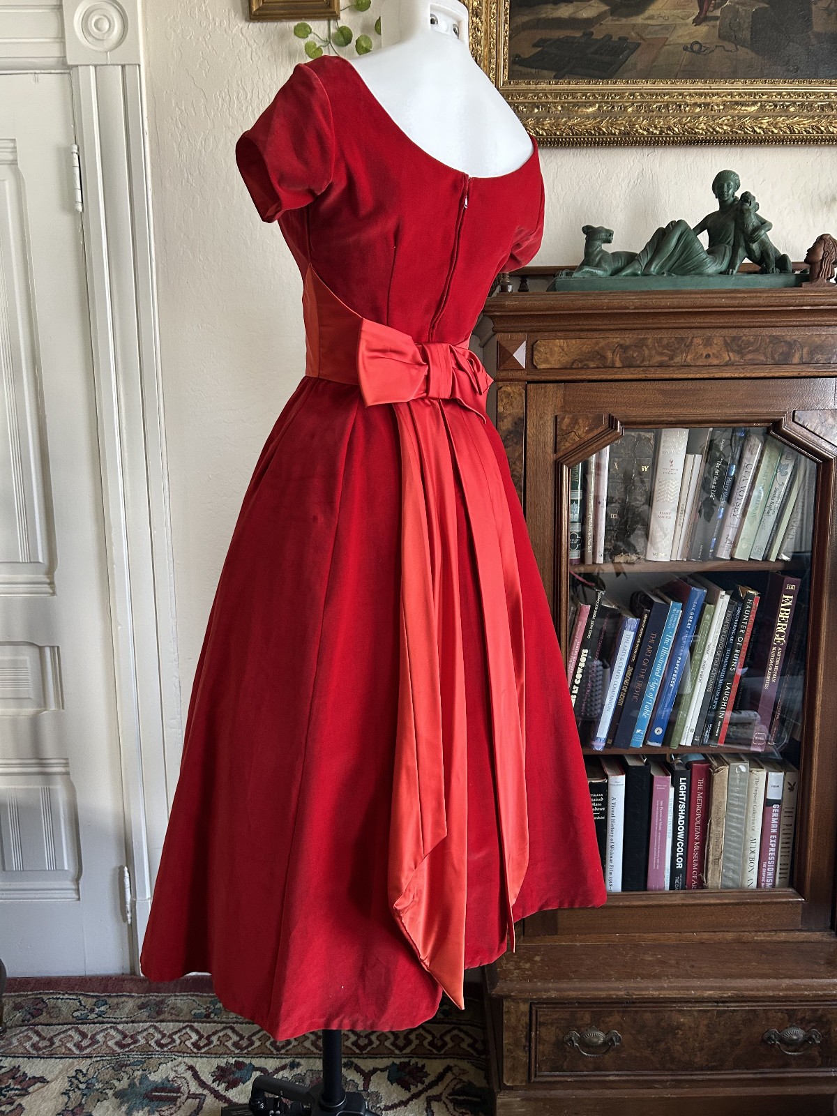 Vintage 1950s Ruby Red Velvet Party Dress Satin Sash Full Skirt XS Formal Bow