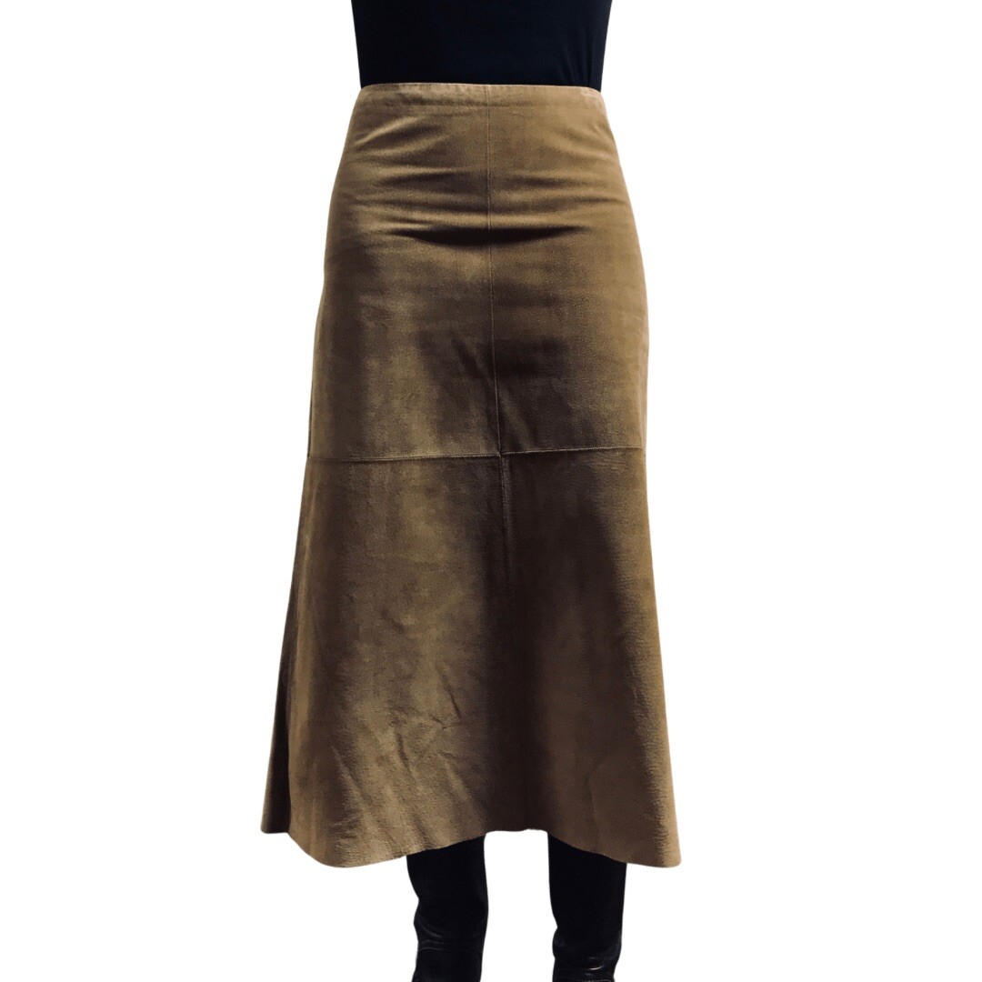 Rozae Nichols Brown Suede A Line Patchwork Midi Skirt Raw Hem 90’s Vintage M