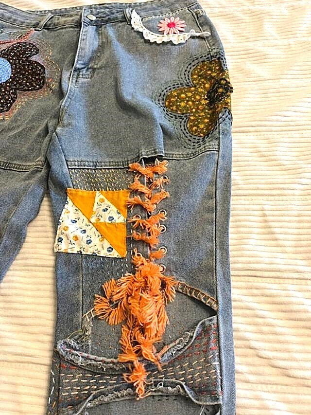 Totally hand patched embroidered upcycled custom Womens jeans 1 of a kind – Med