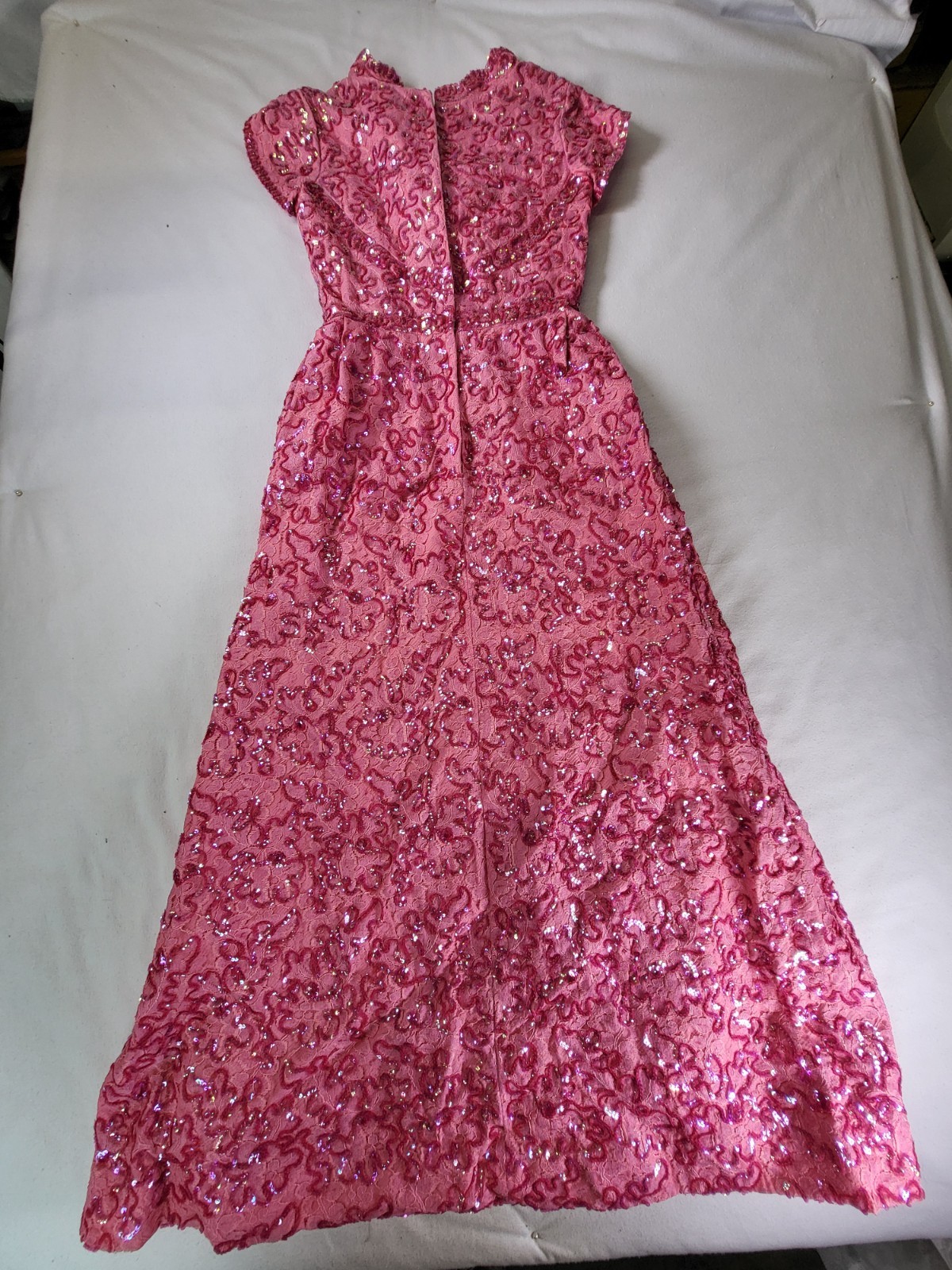 1960&rsquo;s Vibrant Pink Shimmering Sequin & Lace Hostess Gown Dress Size 10