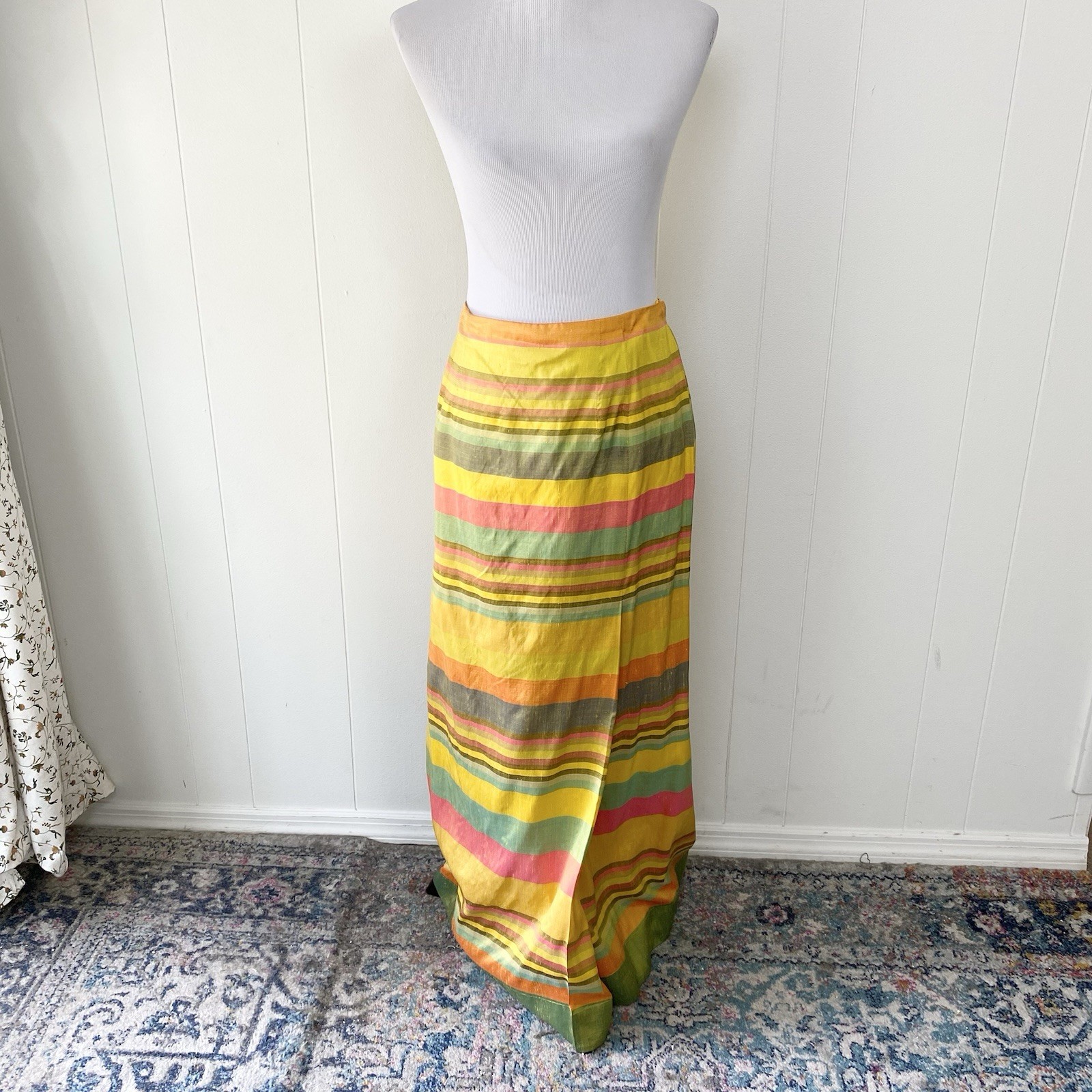 60s 70s Taffeta Multicolor Silk? Striped Maxi Skirt M 28-29” Waist Handmade