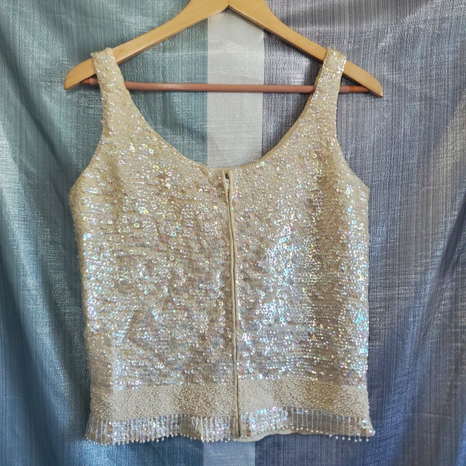Vintage Alexanders Cream Wool Sequin Beaded Tank Top Shell Sz 38 Flapper Gatsby