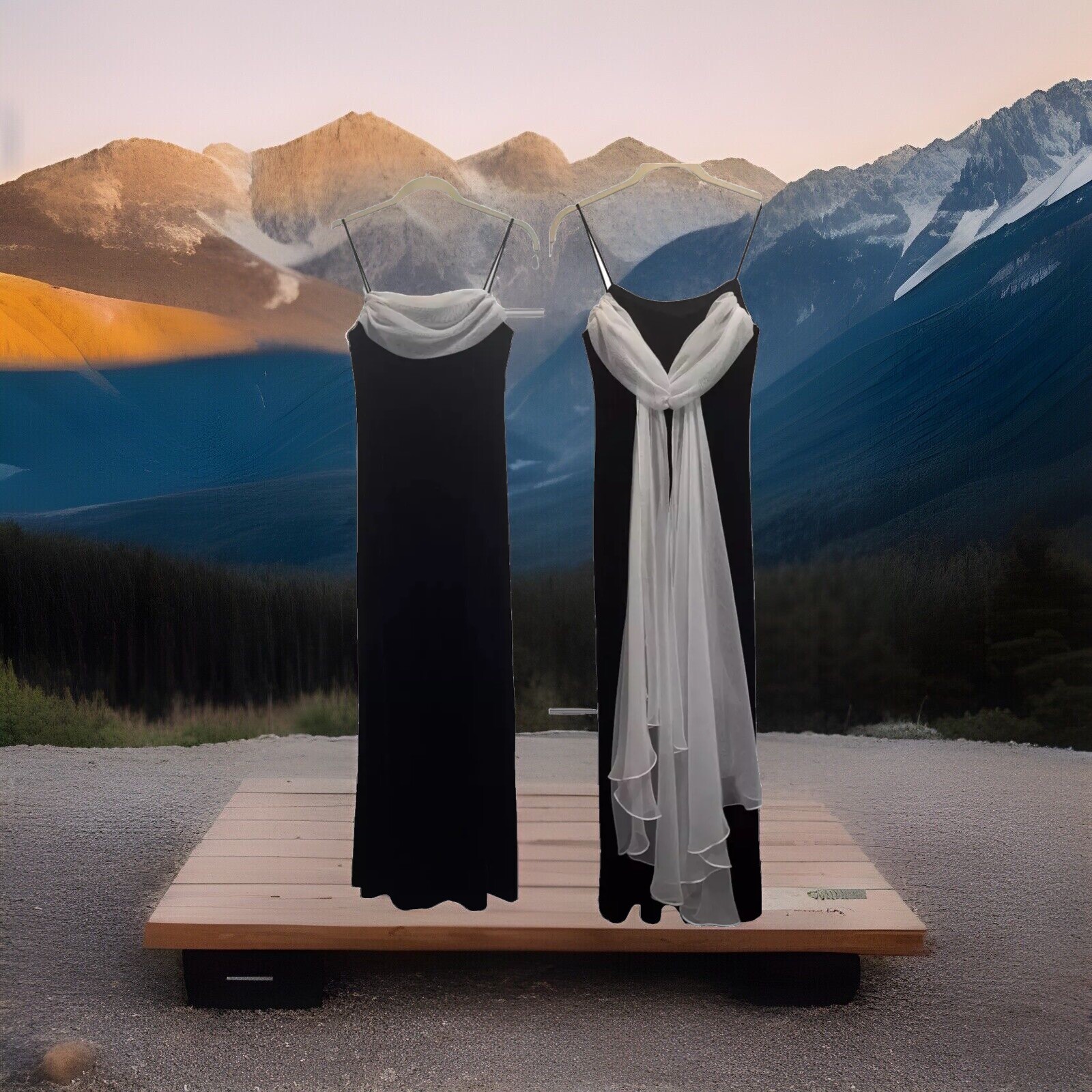 Vintage Black Velvet Maxi Dress White Chiffon Train Long Night Gown Size 6