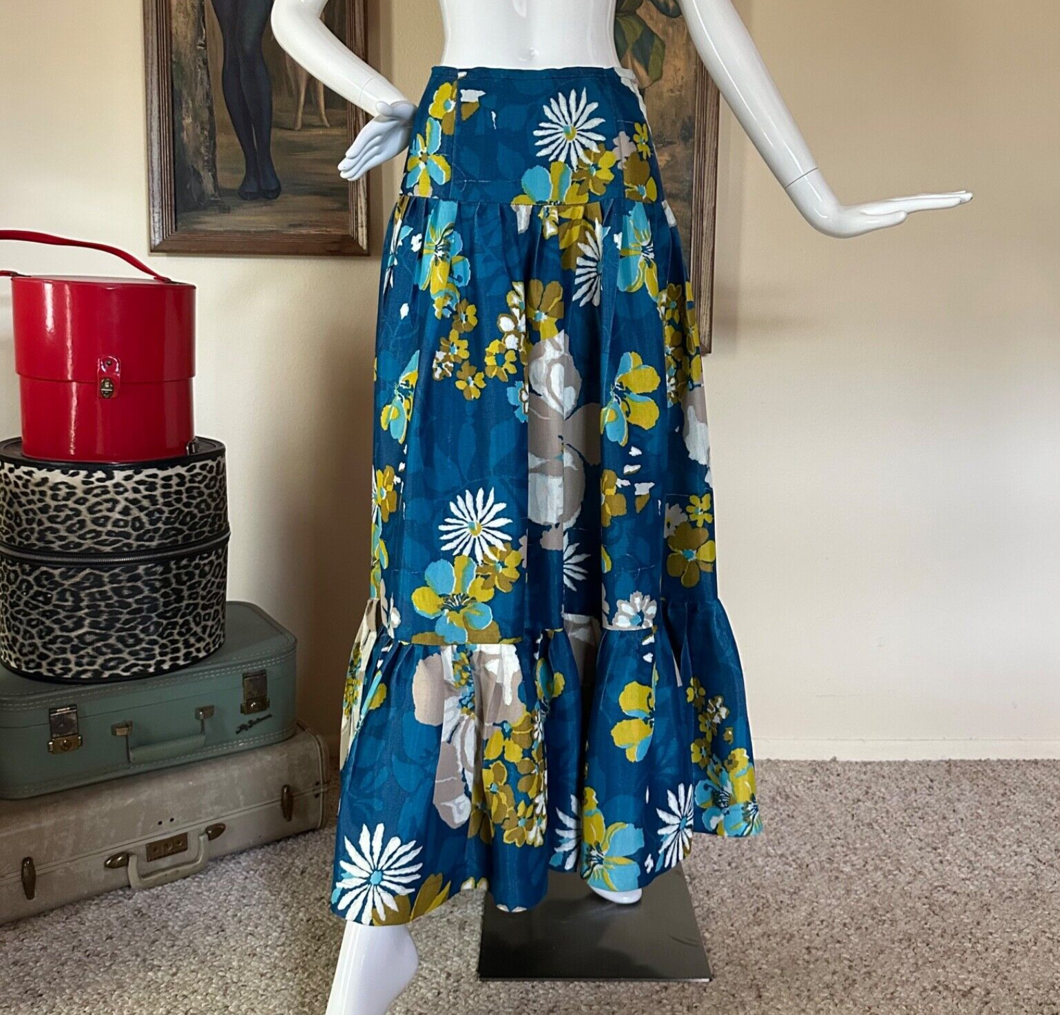 Vintage 70s Boho Wallpaper Floral Prairie Maxi Skirt Tiered Hawaiian M