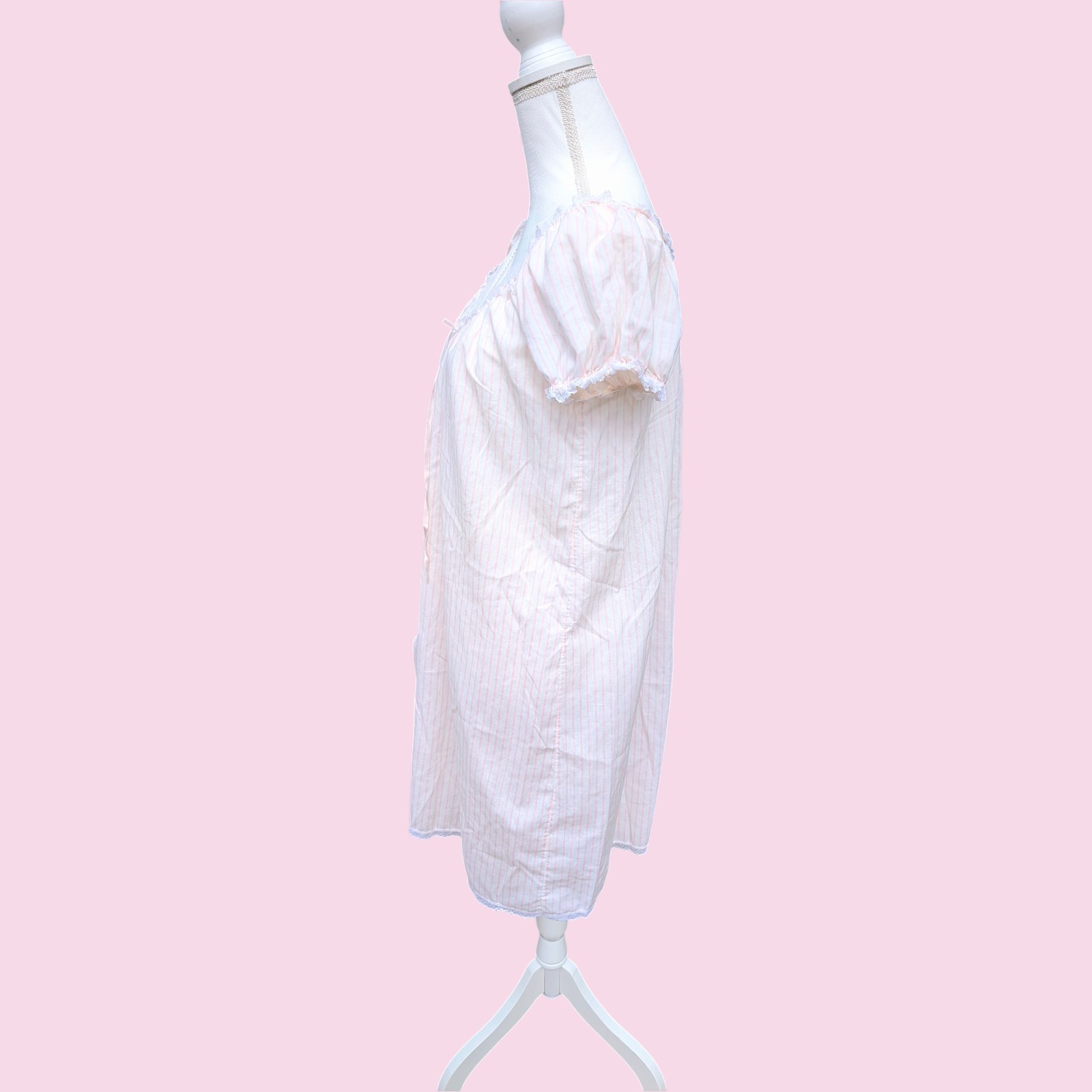 Vintage 80s Miss Elaine Nightgown Pink Stripe Lace Union Made USA Puff Sleeve S