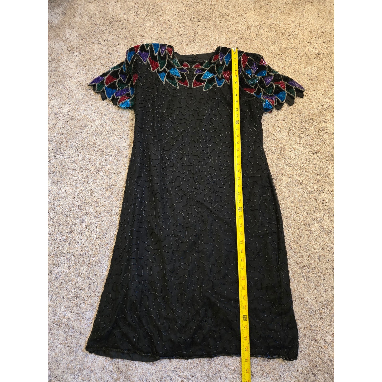 Vintage Silk Sequin Beaded Cocktail Dress Art Deco Sleeve Open Back Midi