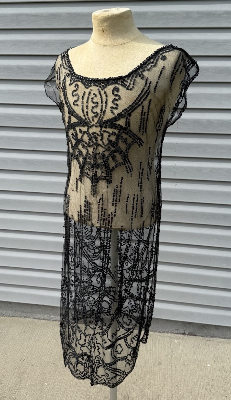 Antique Art Deco Dress Lace Black Sheer Sequence Rhinestone Gown Flapper Dress