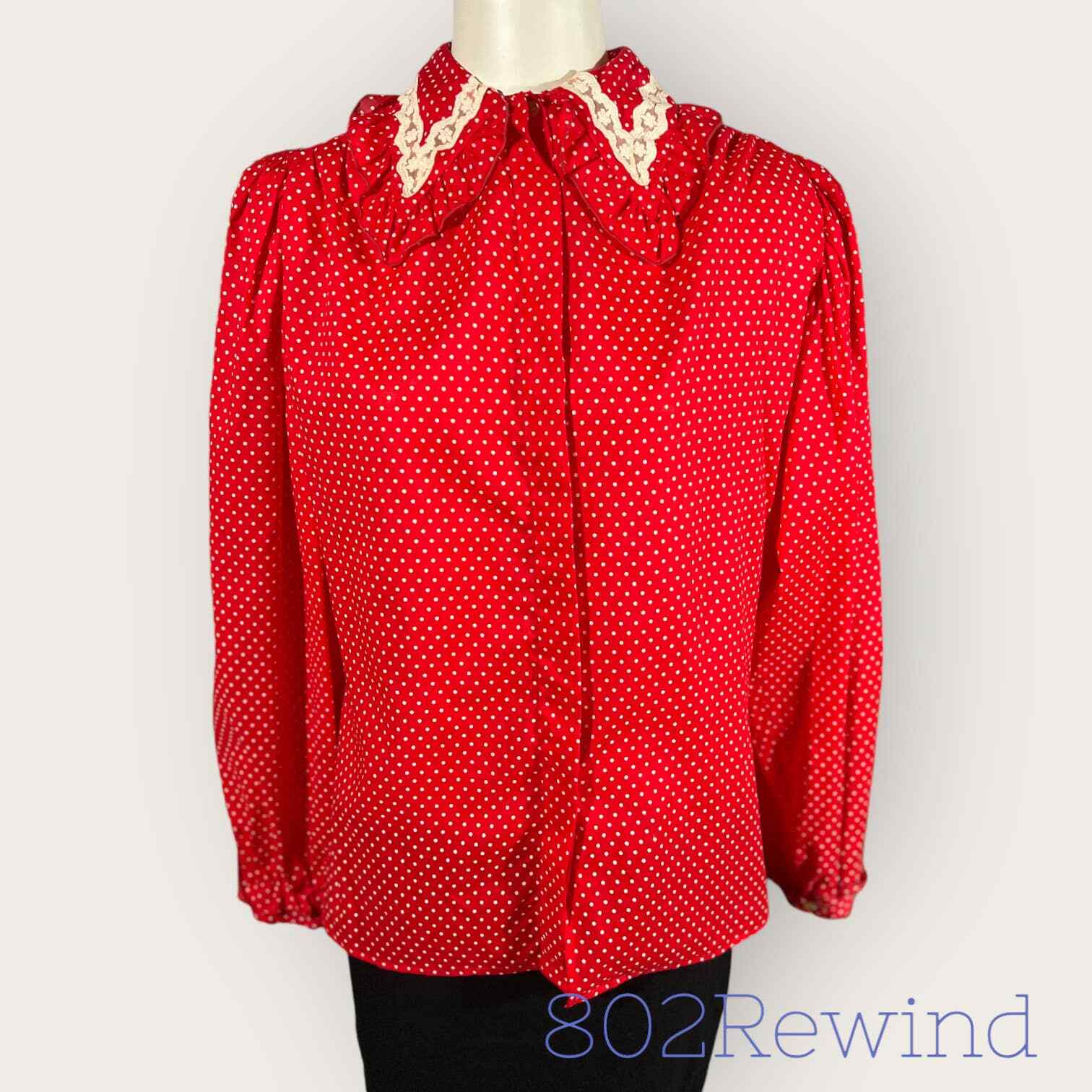 Vintage Emmanuel Schvili (6) Blouse Red Polka-Dot Lace Ruffle Collar Cottage