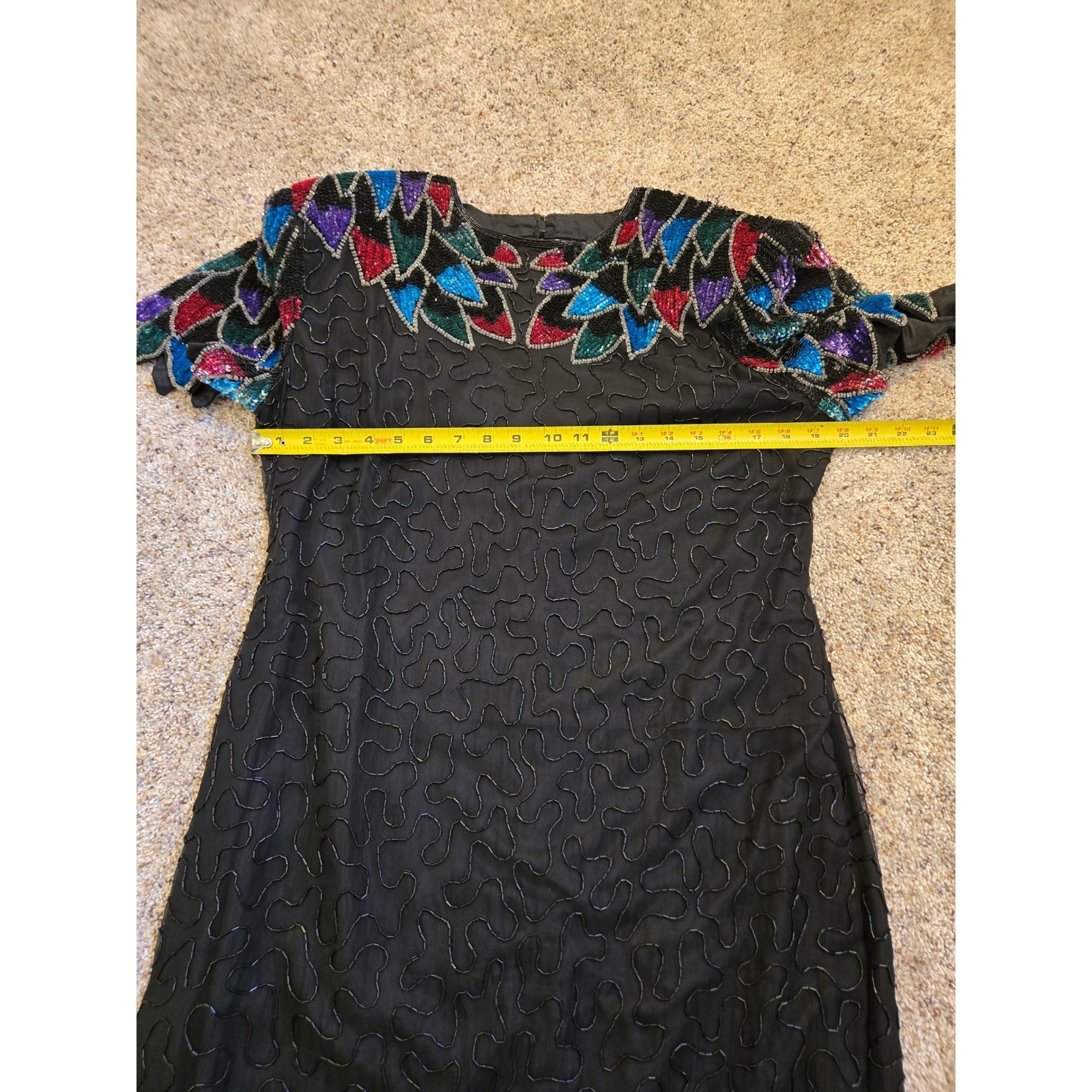 Vintage Silk Sequin Beaded Cocktail Dress Art Deco Sleeve Open Back Midi