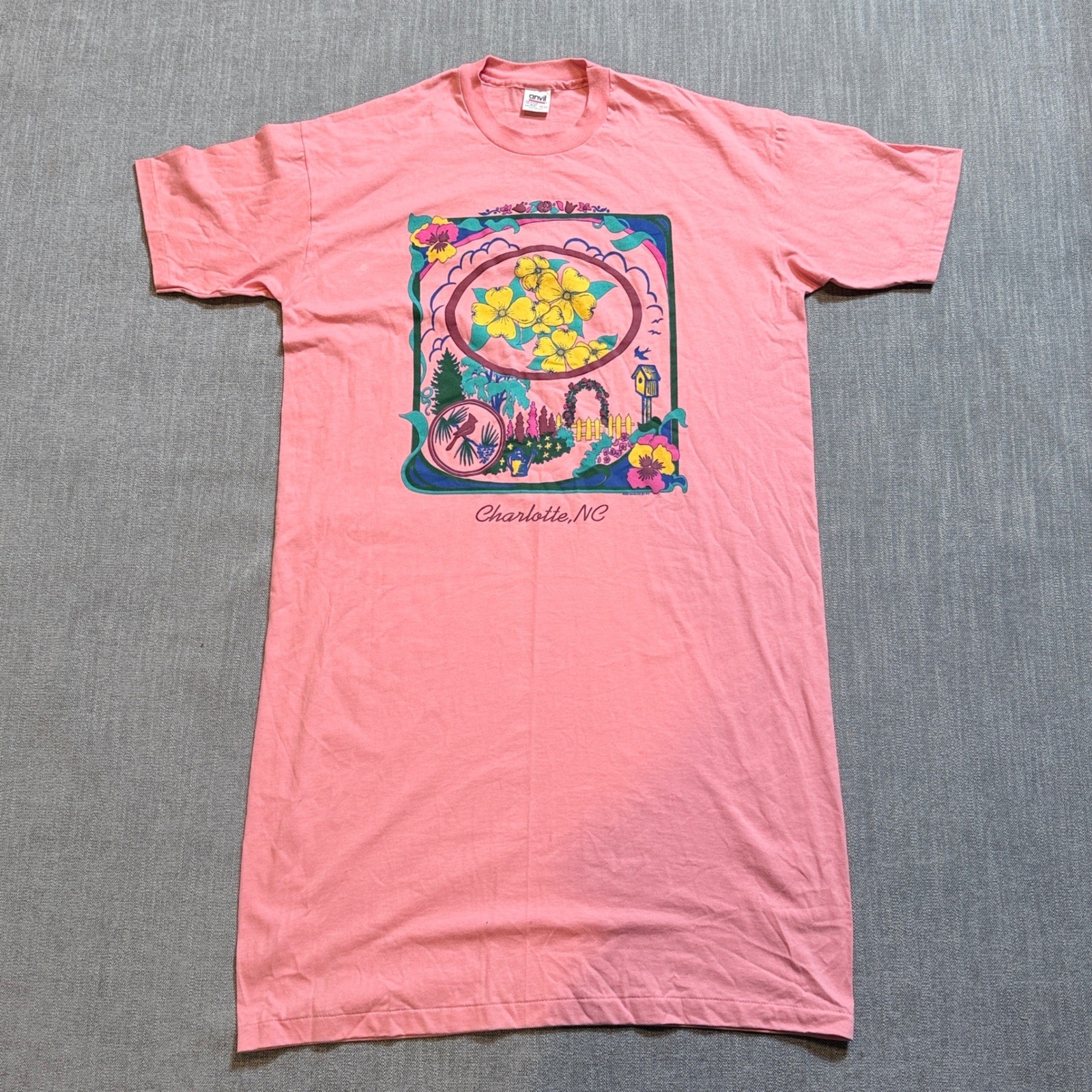 Vintage Anvil Charlotte NC Pink Graphic T-Shirt Nightgown One Size Made in USA