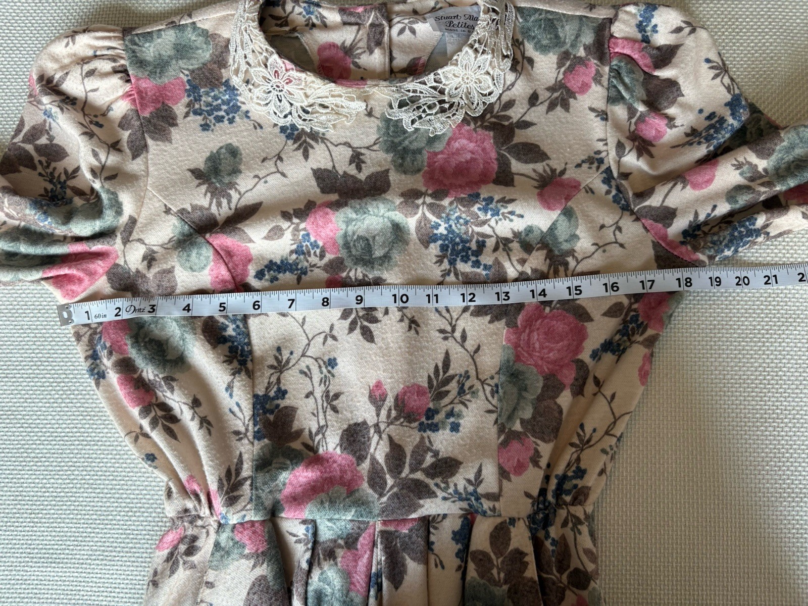 Stuart Alan Petites Size 8 Vintage Floral Dress Cottage Core Pockets Lace Collar