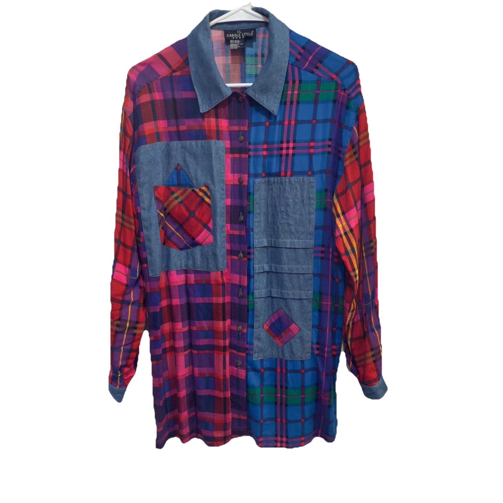 Carole Little Patchwork Shirt Plaid Chambray Button Up Tunic Small 6 Cottage Top
