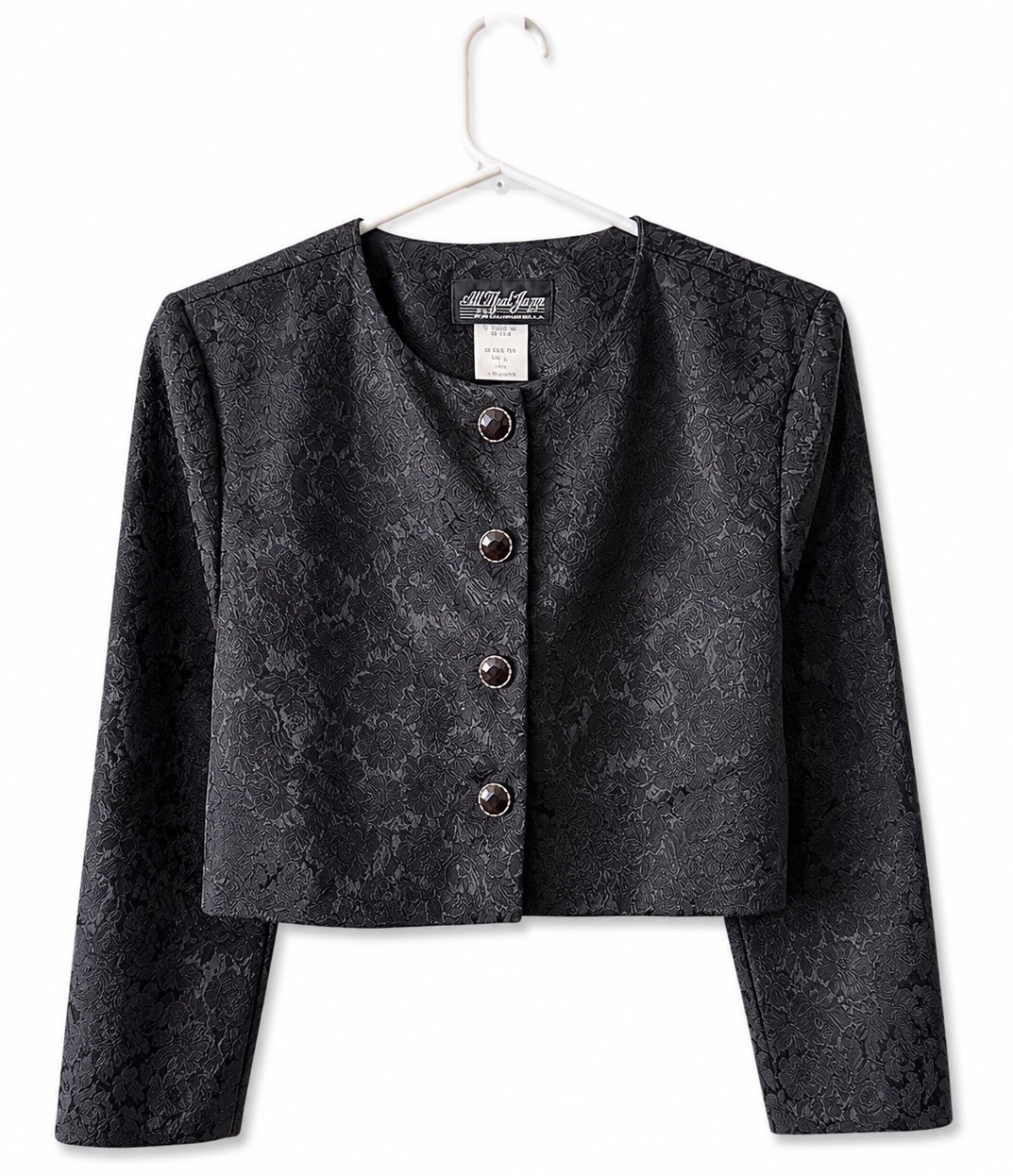 Vintage Black Jacquard Cropped Evening Jacket Floral Brocade Minimalist 90s Sz S