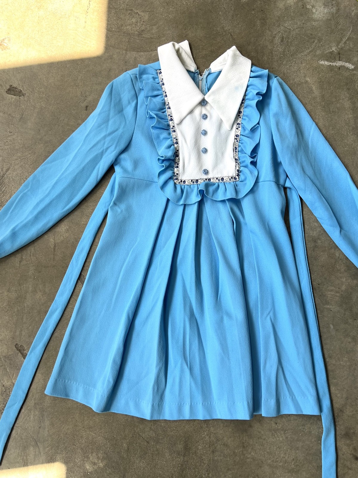 VTG 60s 70s Babydoll Pleat Mini Dress Blue White Ruffle Bib Collar Mod GoGo XS S