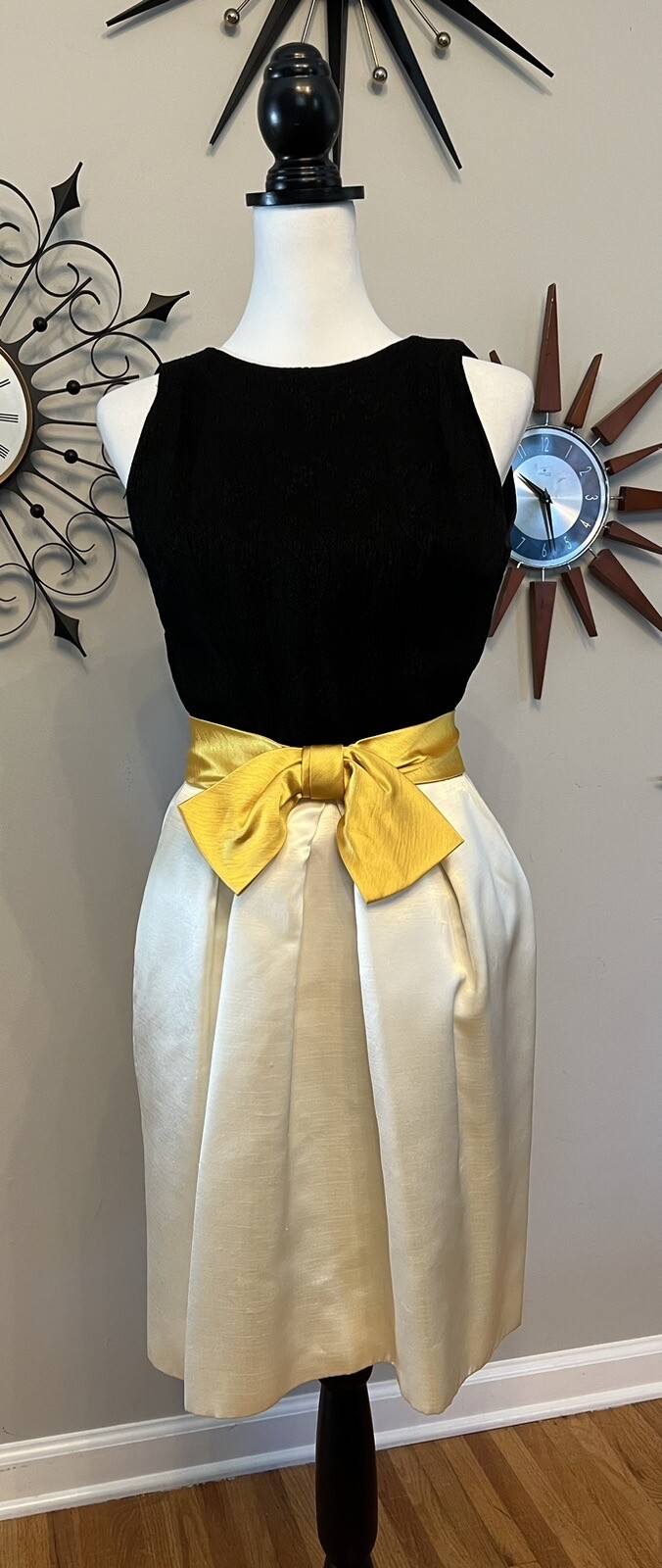 Vintage 1960s Cocktail Gown Dress Black/Ivory/Yellow Bow XS/S READ