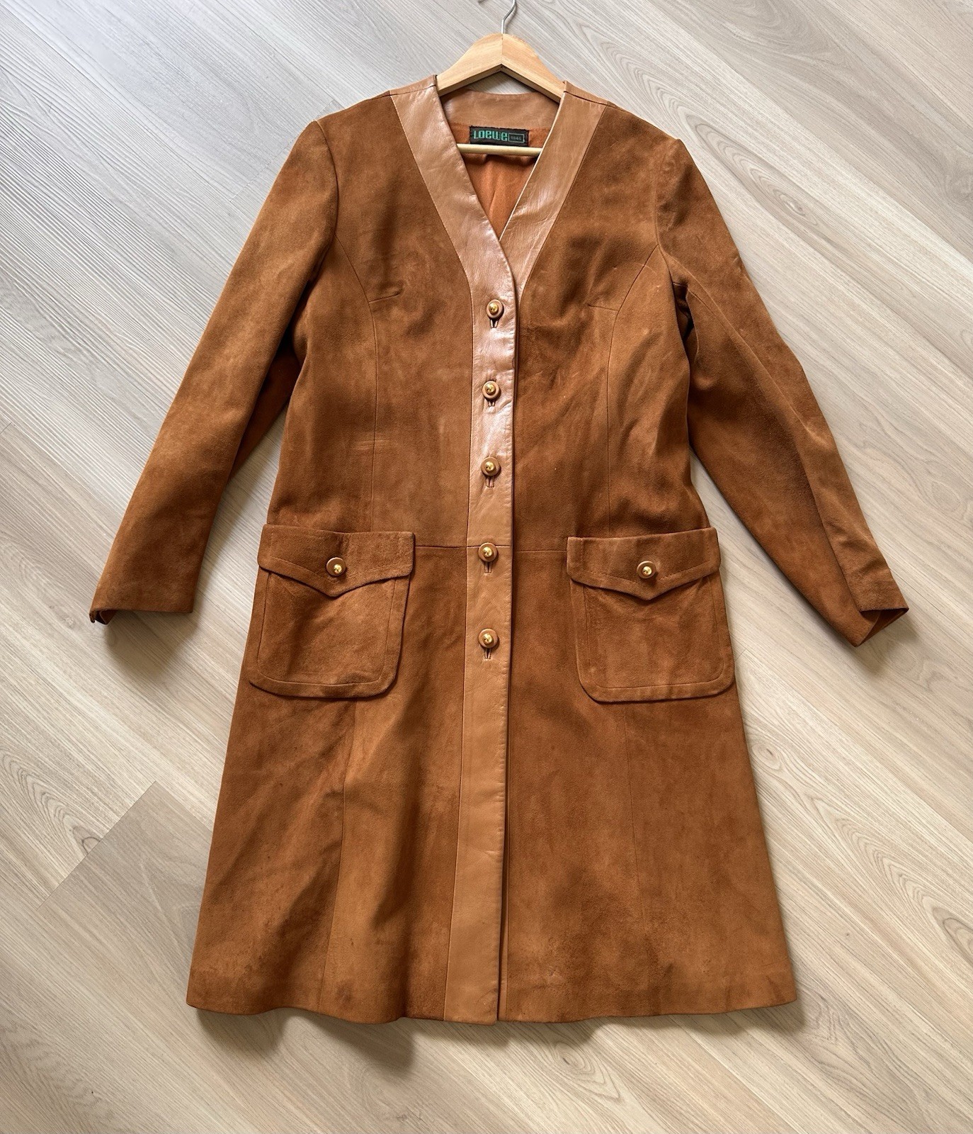 Vintage 1970s LOEWE Tan Suede Leather Maxi Coat Women&rsquo;s 41” Bust