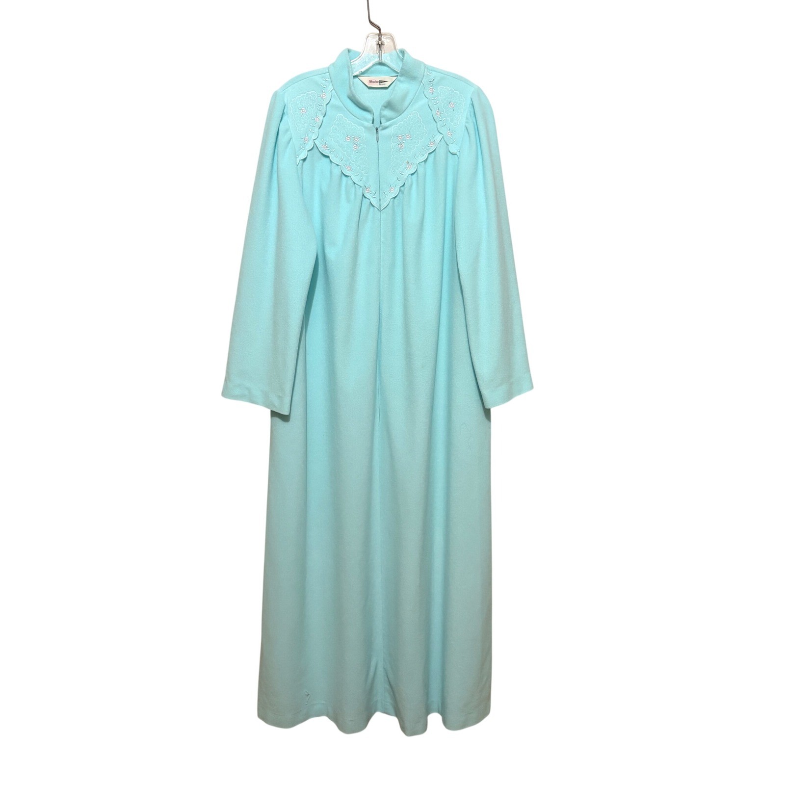 Shadowline Vintage Aqua Blue Fleece Zip Front Robe Floral Embroidered Medium