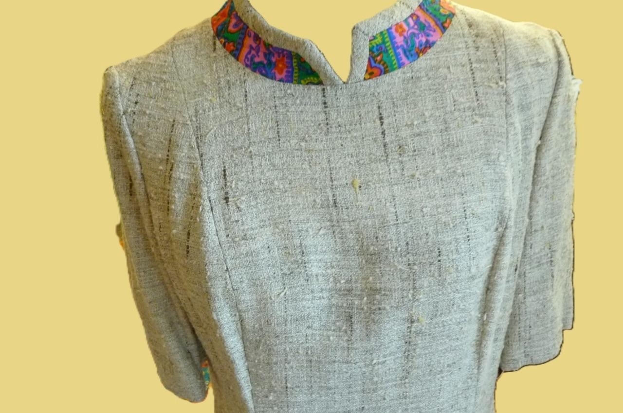 Vintage 60s Vera Maxwell Burlap Mod Column Dress Psychedelic quilted pockets M-L
