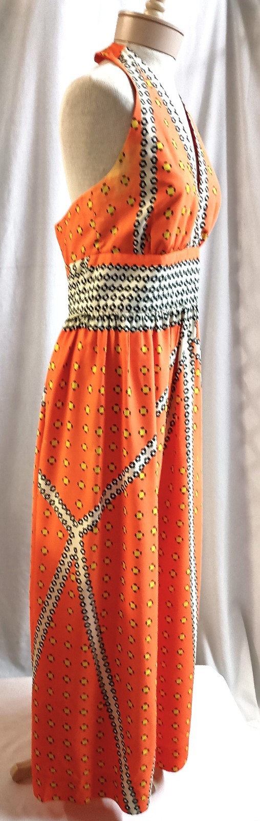 Vtg 60&rsquo;s- 70s Kiva Ltd Orange Multi Dot Print Halter Maxi Dress Vintage Size 14