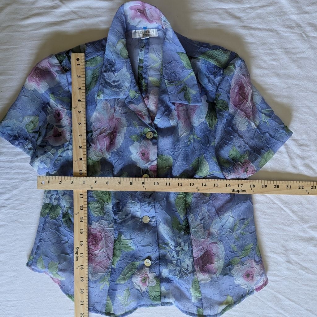 Miss Dorby Vtg Floral Crinkle Button Up Fly Away Blouse Periwinkle Sz 12P Fairy
