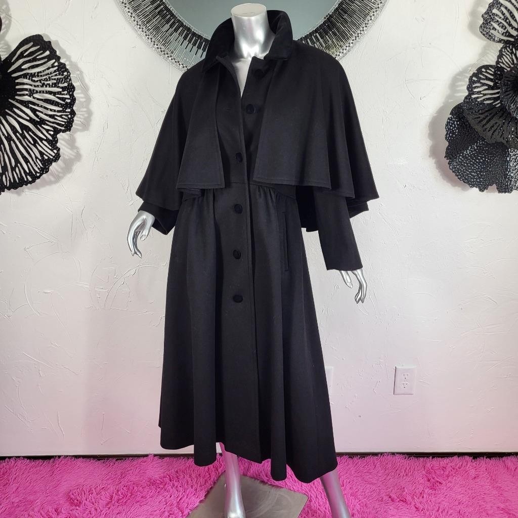 CLAUTE COUTURE~38/S/M~VINTAGE BLACK WOOL VELVET FULL LENGTH CAPE COAT TRENCH