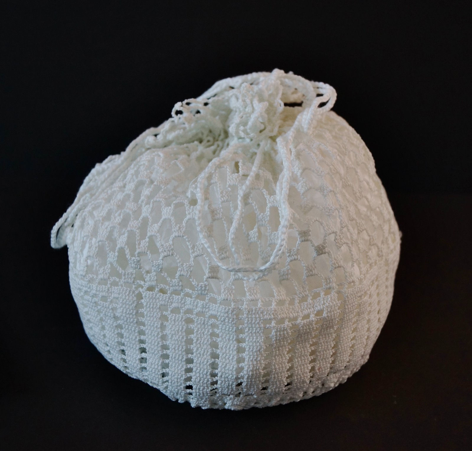 Vintage Crocheted Boudoir Night Cap Sleep Cap Bonnet & Matching Drawstring Bag