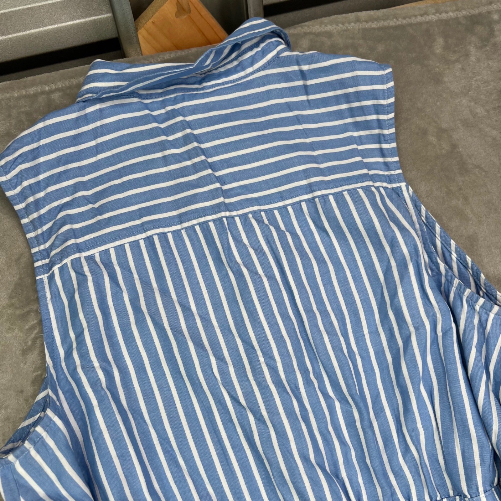 Pact Sunset Lightweight Cotton Sleeveless Shirtdress Womens L Blue White Striped