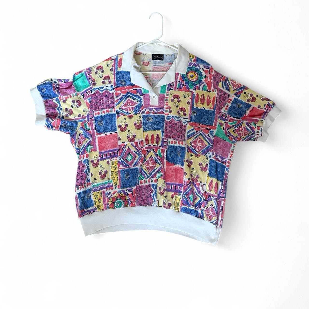 Vintage BonWorth Patchwork Print Short Sleeve Pullover Top Colorful Retro Blouse