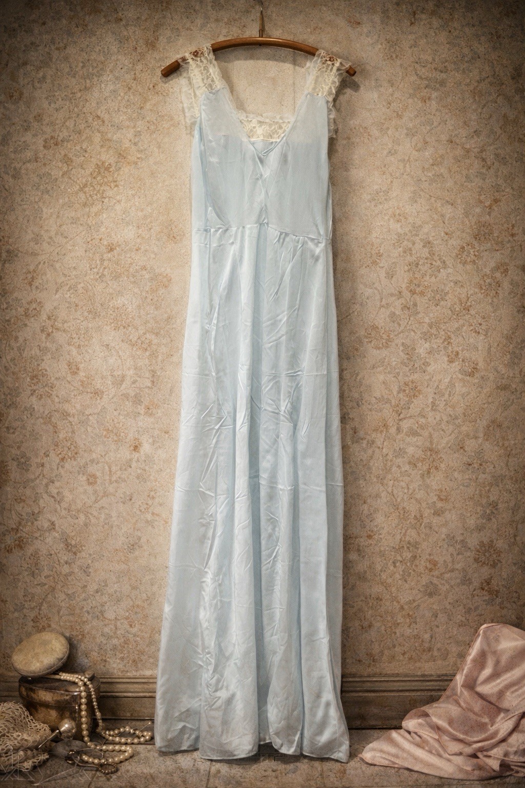 Sheer Light Blue & Lace Long Nylon Nightgown 1950s-60s Edwards Lingerie Size 32