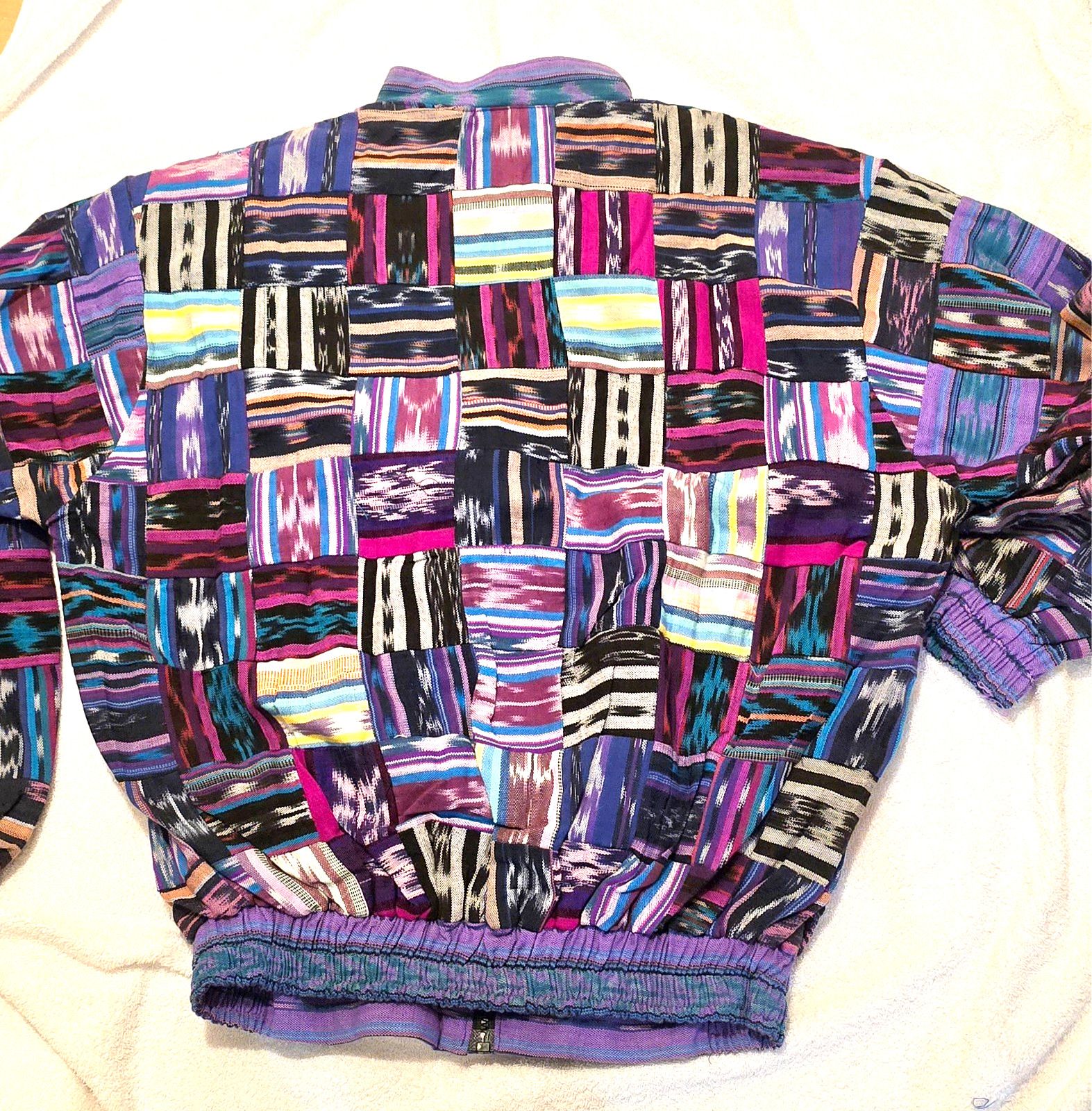 Huipil Strip Guatemala Hippie Patchwork Festival Woven Zip Bomber Jacket VTG 90s