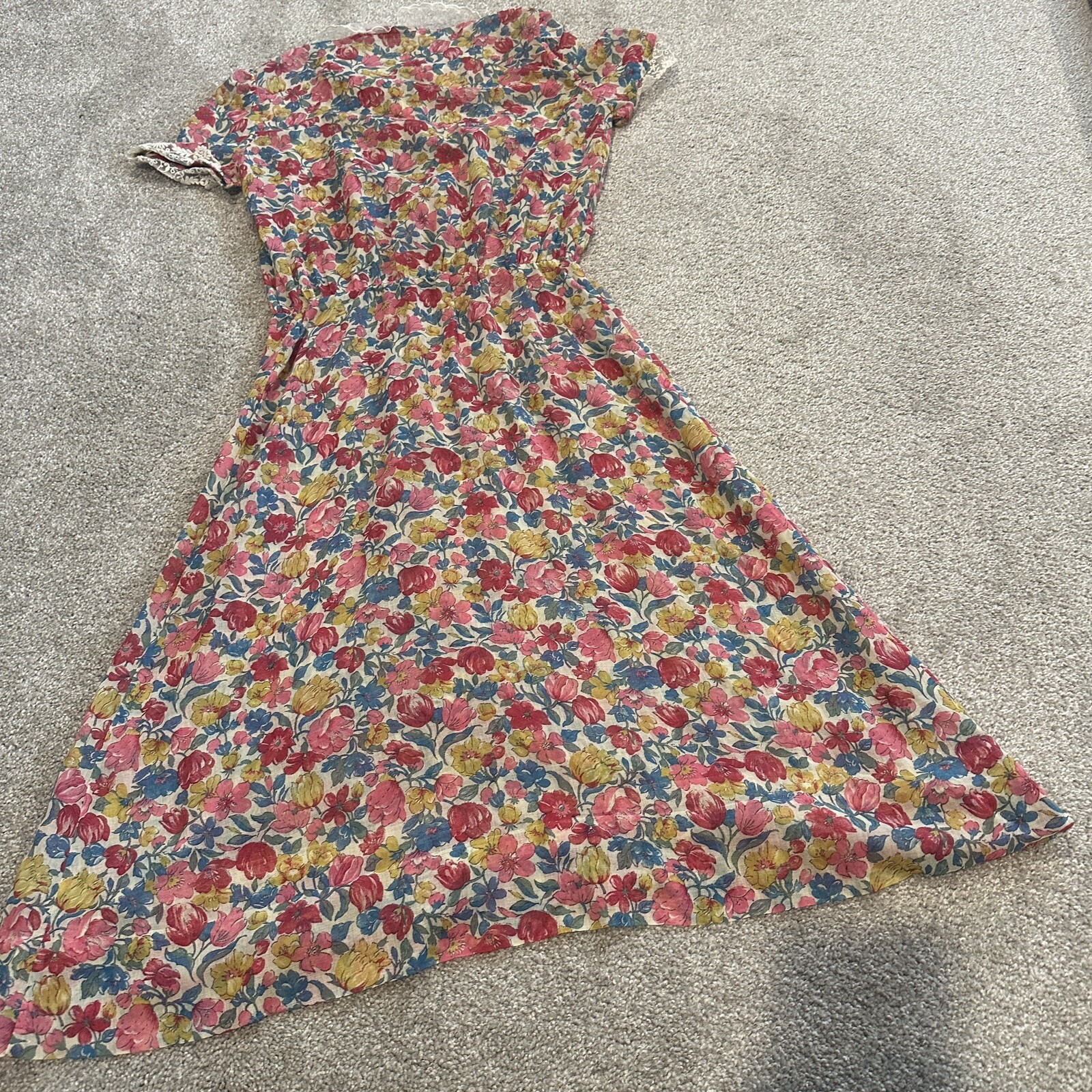 Vintage Shirt Dress Floral Lace Collar Sleeves Button Front See Description