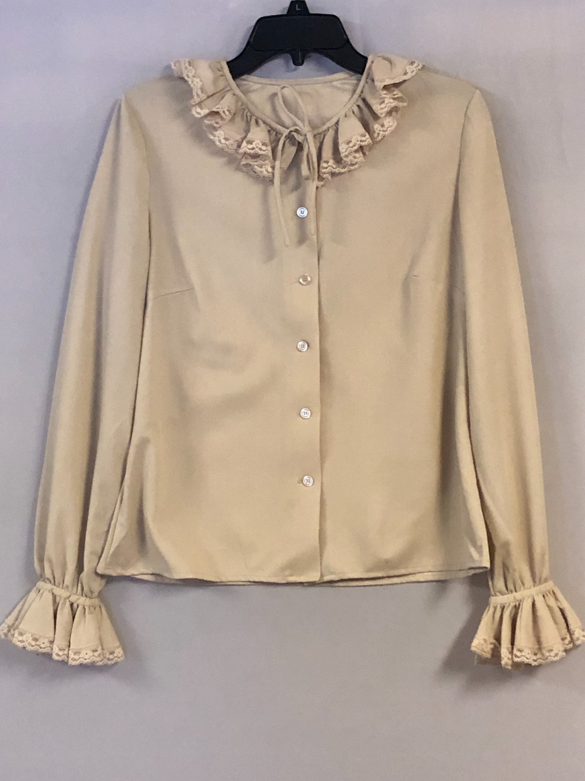 Vintage Handmade Beige Blouse Size 39 Chest Ruffled Collar & Sleeves Lace Trim