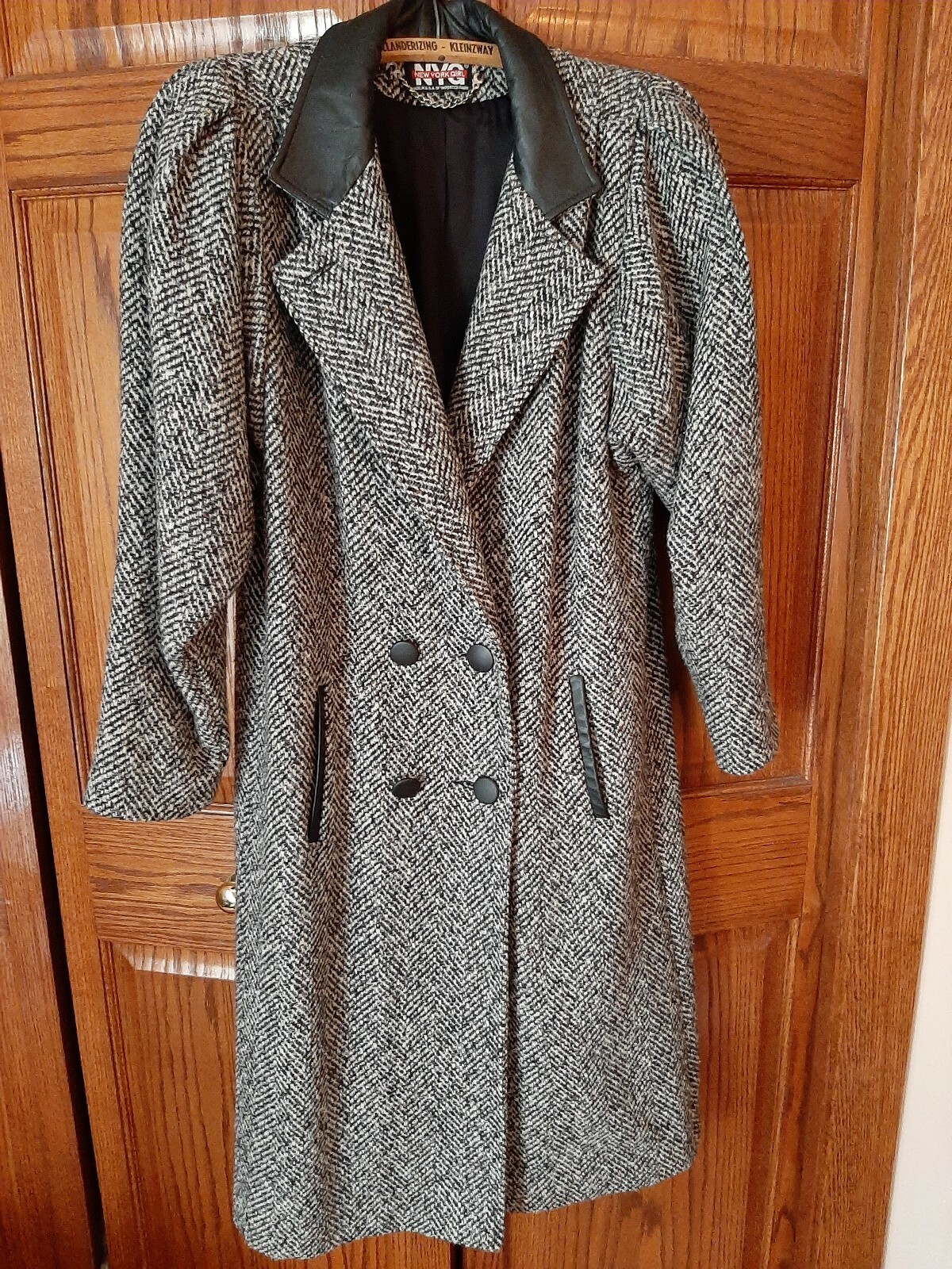 Vintage 90&rsquo;s Women&rsquo;s Leather Trim Tweed New York Girl Winter Long Coat sz 12