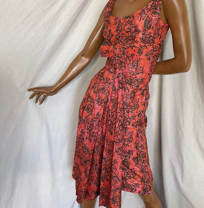 Vintage 60s Pink/Orange Floral Batik Silk Sleeveless MCM Cocktail Party Dress S