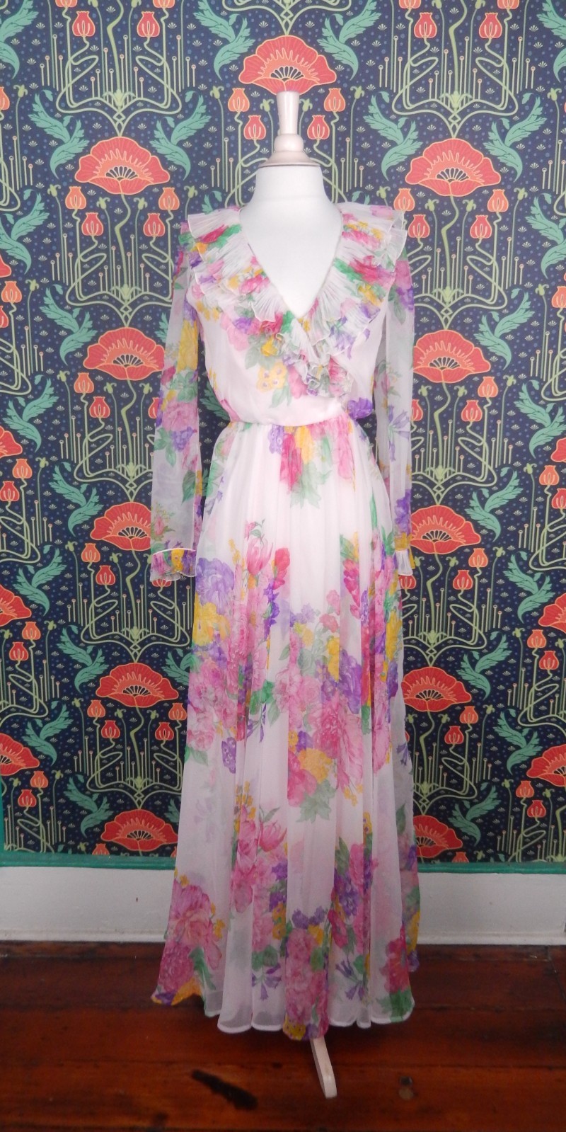 Vintage 70&rsquo;s Carrie Couture Light Pink Chiffon Maxi Floral Ruffle Flowy Dress